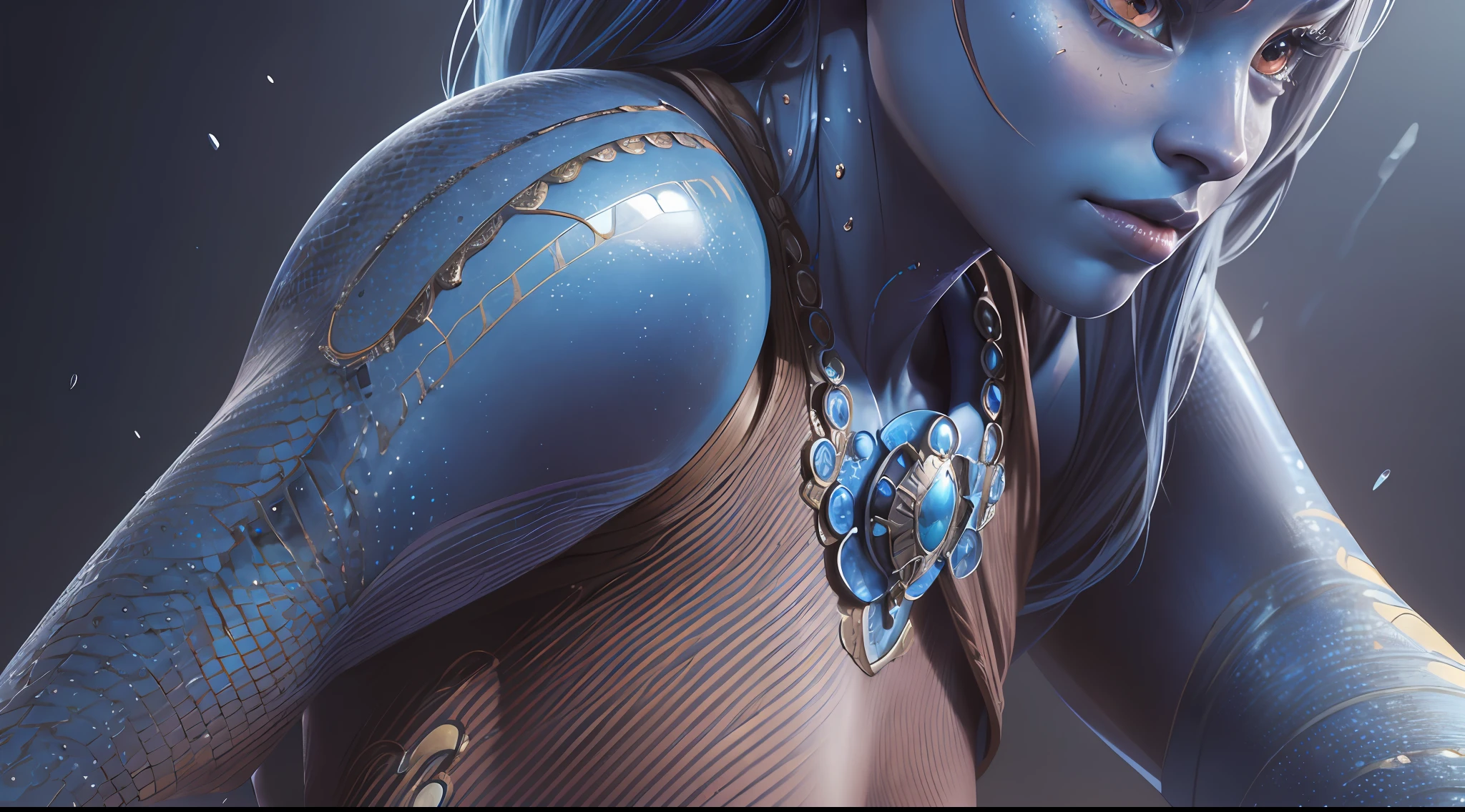 (hyperrealistic), (illustration), (high resolution), (8K), (extremely detailed), (16.9), (best illustration), (beautiful detailed eyes), (best quality), (super detailed), (masterpiece), (wallpaper), (detailed face) colorful background, clean background, depth of field, sexy blue-skinned alien female flexing, warrior full body, nude, close-up shot, posing sideways, small tits,