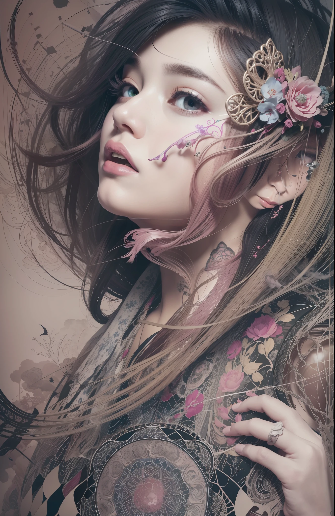 official art, unity 8k wallpaper, ultra detailed, beautiful and aesthetic, masterpiece, best quality, (zentangle, mandala, tangle, entangle), (fractal art:1.3) , 1girl, extremely detailed, dynamic angle, cowboyshot, the most beautiful form of chaos, elegant, a brutalist designed, vivid colours, romanticism, by james jean, roby dwi antono, ross tran, francis bacon, michal mraz, adrian ghenie, petra cortright, gerhard richter, takato yamamoto, ashley wood, atmospheric, ecstasy of musical notes, streaming musical notes visible