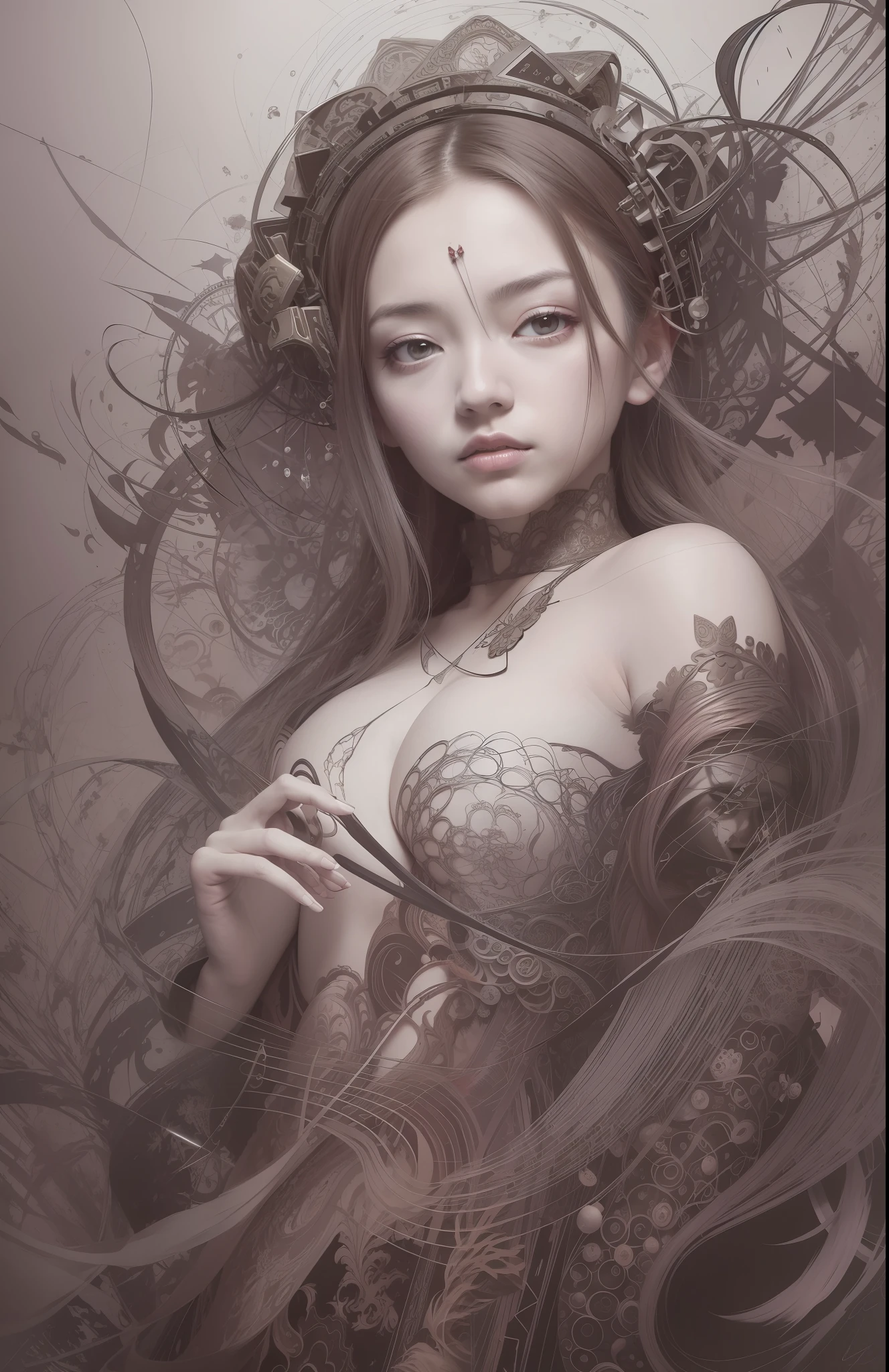 official art, unity 8k wallpaper, ultra detailed, beautiful and aesthetic, masterpiece, best quality, (zentangle, mandala, tangle, entangle), (fractal art:1.3) , 1girl, extremely detailed, dynamic angle, cowboyshot, the most beautiful form of chaos, elegant, a brutalist designed, vivid colours, romanticism, by james jean, roby dwi antono, ross tran, francis bacon, michal mraz, adrian ghenie, petra cortright, gerhard richter, takato yamamoto, ashley wood, atmospheric, ecstasy of musical notes, streaming musical notes visible