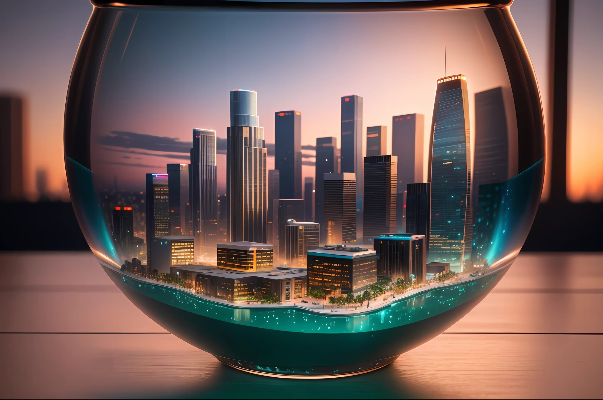 mini\(ttp\), (8k, RAW photo, best quality, masterpiece:1.2), cyberpunk city, isometric, miniature, landscape, glass bowl, los angeles