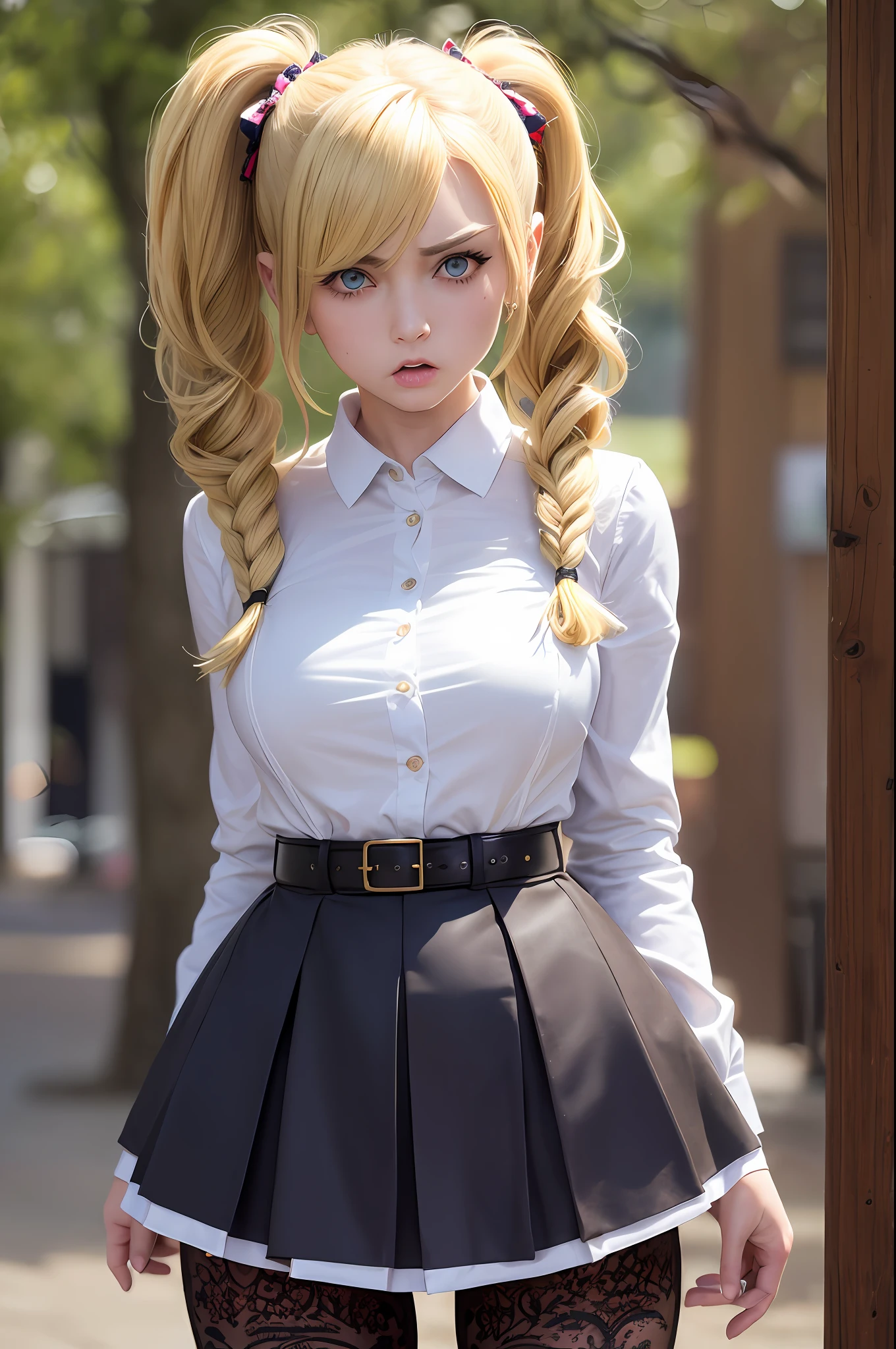 masterpiece, best quality, super detailed, beautiful detailed face, intricate details, flat color, depth of field, outline, overall view, camera far away, girl, standing far, ager, anime, standing, standing upright, full-length, visible at full height, wide stance, (legs wide apart: 1.4), hands at the waist, (hands on the belt: 1.3), elbows to the sides, (fighting stance: 1.2), looks at the viewer, (village:1), nature, (blonde:1.6), (twintails:1.5), red pleated miniskirt, red skirt, white shirt, white shirt, unbuttoned top buttons, unbuttoned shirt, white blouse, (without bra:1.1), plunging neckline, black tights, detailed skin texture, detailed fabric texture, huge breasts, (blue eyes:1,1), (ruddy:1), (dissatisfied:1.5), (angry:1.4), furious, (frowned:1.5)