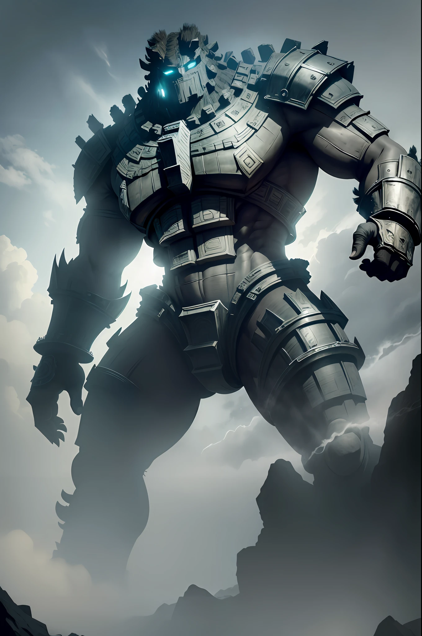 an ancient Giant Colossus, Shadow of The Colossus, intimidating, natural lighting, looking_at_viewer, solo, highly detailed 8k, dark atmosphere, UHD, masterpiece, perfect shot, Canon, Intrincade detailed, Incredible quality --auto --s2