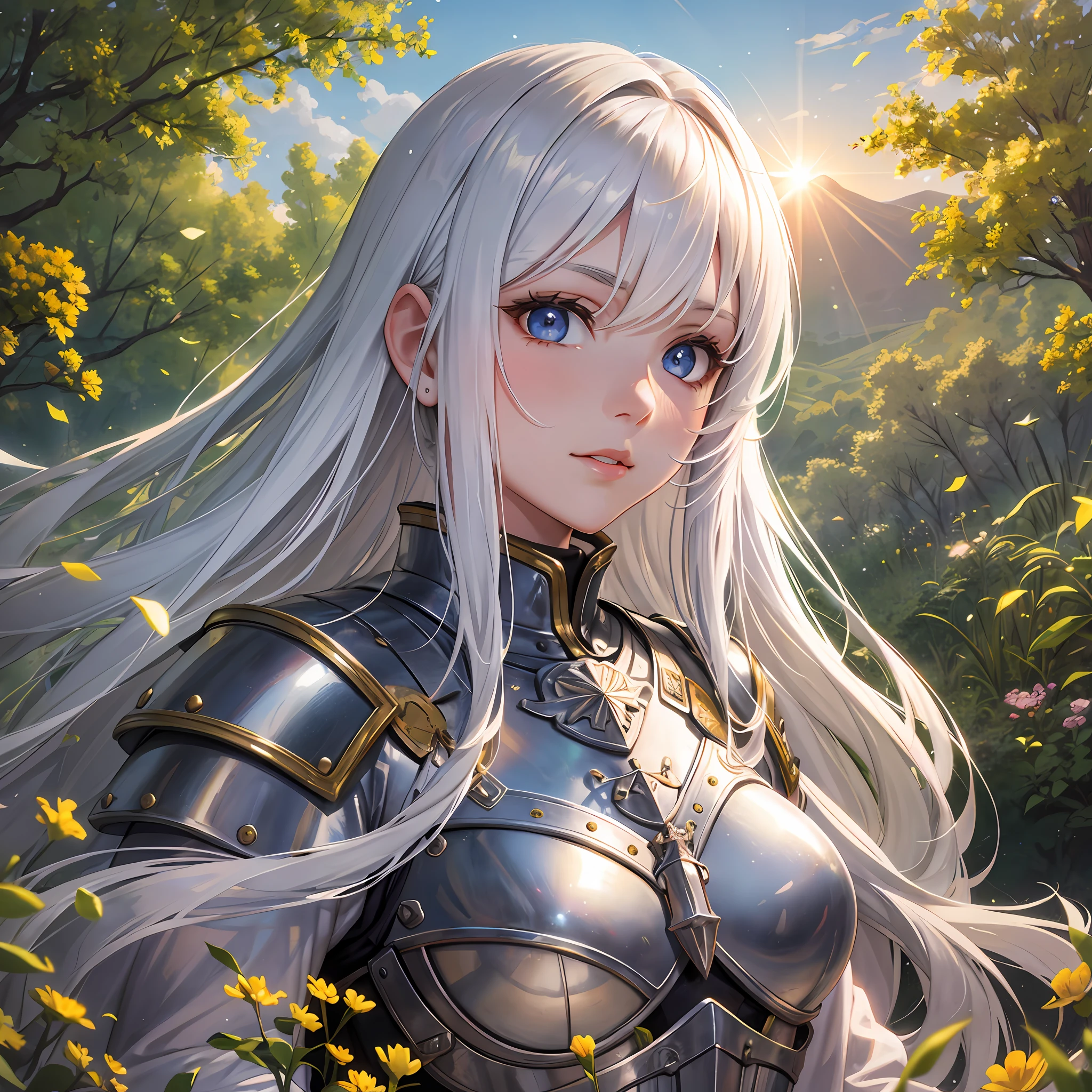 beautiful open-country landscapes with wildflowers and a white-haired girl wearing medieval gold armor, her figure framed by sunlight; his eyes, deep and enigmatic.
