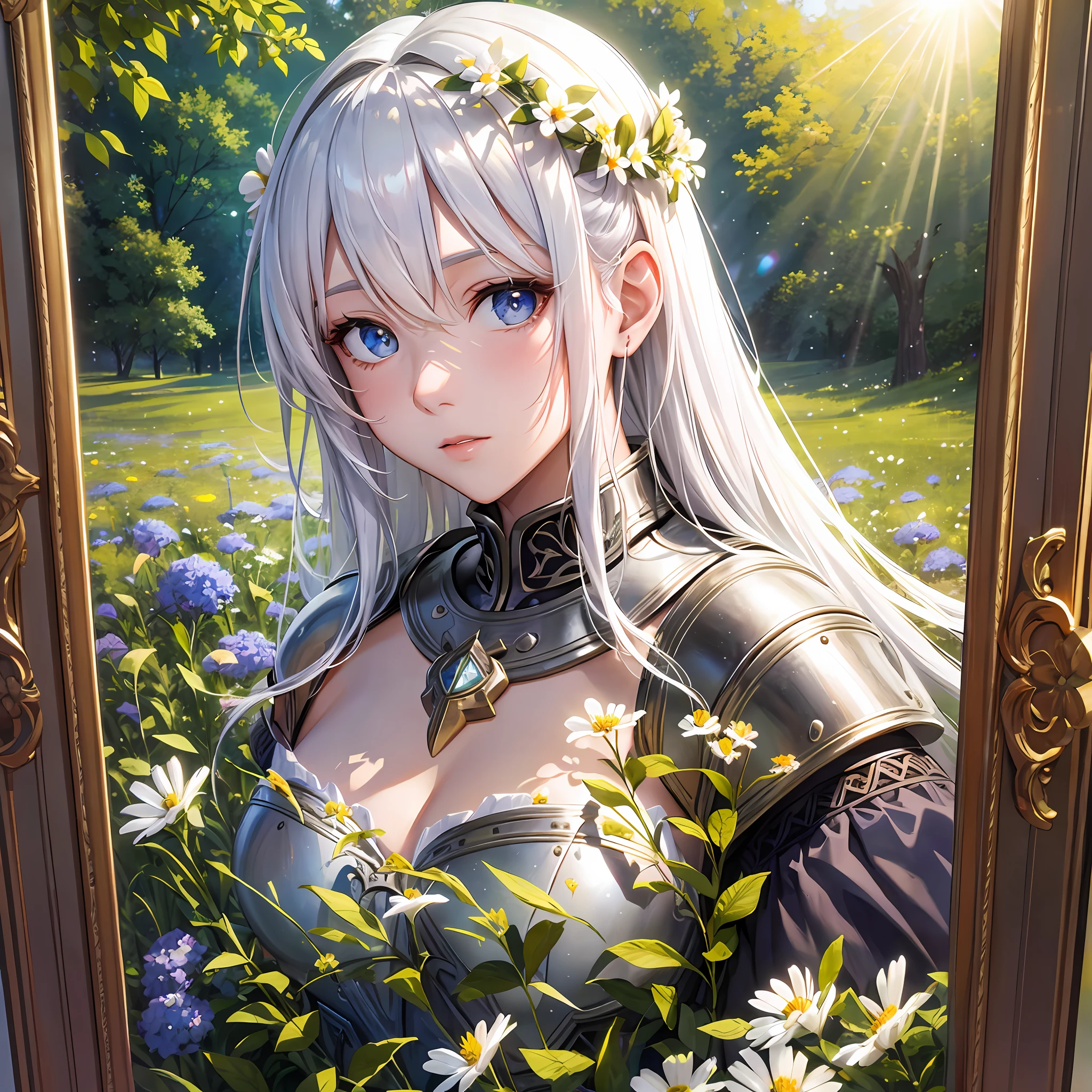 beautiful open-country landscapes with wildflowers and a white-haired girl wearing medieval gold armor, her figure framed by sunlight; his eyes, deep and enigmatic.