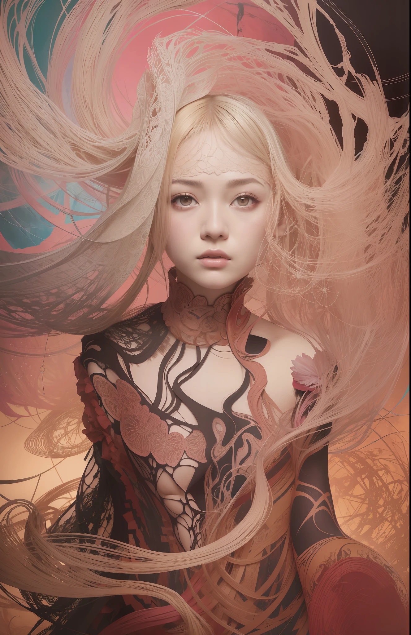 official art, unity 8k wallpaper, ultra detailed, beautiful and aesthetic, masterpiece, best quality, (zentangle, mandala, tangle, entangle), (fractal art:1.3) , 1girl, extremely detailed, dynamic angle, cowboyshot, the most beautiful form of chaos, elegant, a brutalist designed, vivid colours, romanticism, by james jean, roby dwi antono, ross tran, francis bacon, michal mraz, adrian ghenie, petra cortright, gerhard richter, takato yamamoto, ashley wood, atmospheric, ecstasy of musical notes, streaming musical notes visible
