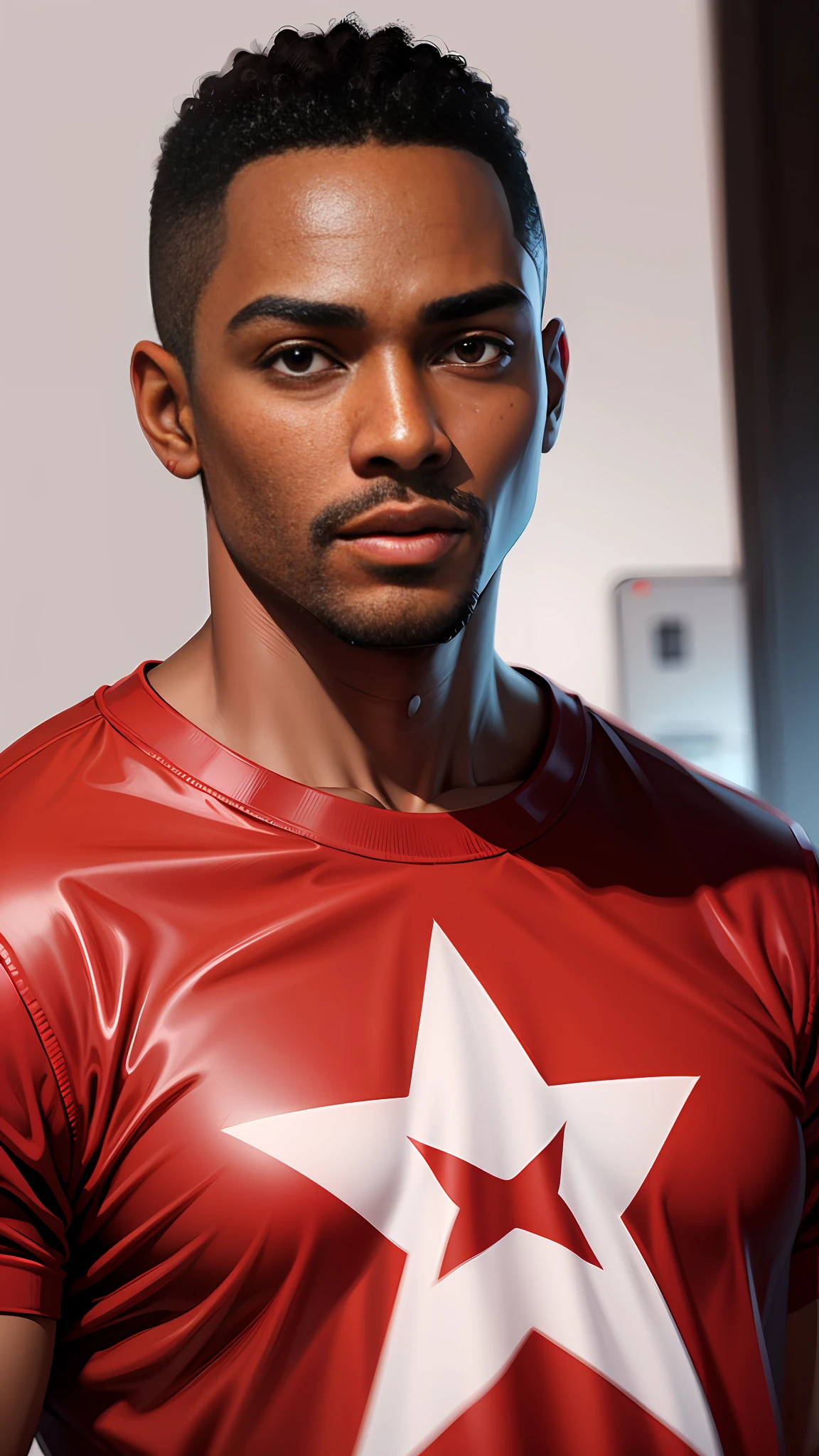 Brown skin man (Black) wearing a red shirt with a white star, 29 years, front photo, high quality image, GTA style drawing