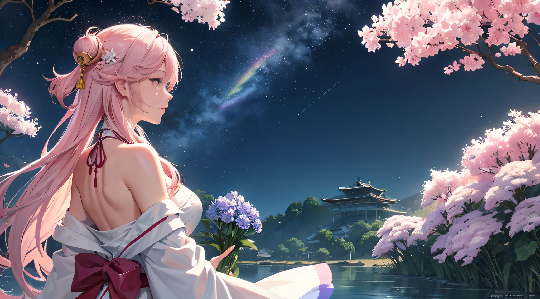 (masterpiece, top quality, best quality, watercolor (medium), official art, beautiful and aesthetic:1.2), (1seductive woman:1.3), (fractal art:1.3), upper body, from side, showing her shoulder, looking up afar, character focus, patterns, (extreme long hair, rainbow color Hair, colorful hair, half light blue and half light pink hair:1.2), off-shoulder dress, strapless dress, white dress, miko, Huge dragon tattoo at her back, water, liquid, cloud, colorful, starry, stars, wind, storm, bubble, floating, floating voluminous hairs, magic scene, best lighting, best shadow, large-breasted, action painting, dynamic drawing, hydrangea flower, floating hydrangea flower, perfect anatomy, Japanese anime style, concept art by Kyoto animation, extremely cute and beautiful, seductive, attractive, classy,