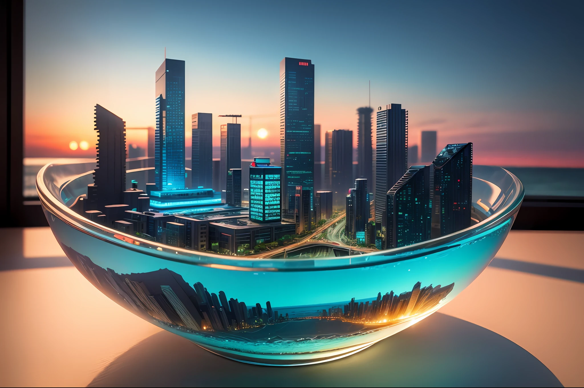 mini\(ttp\), (8k, RAW photo, best quality, masterpiece:1.2), cyberpunk city, isometric, miniature, landscape, glass bowl, beach