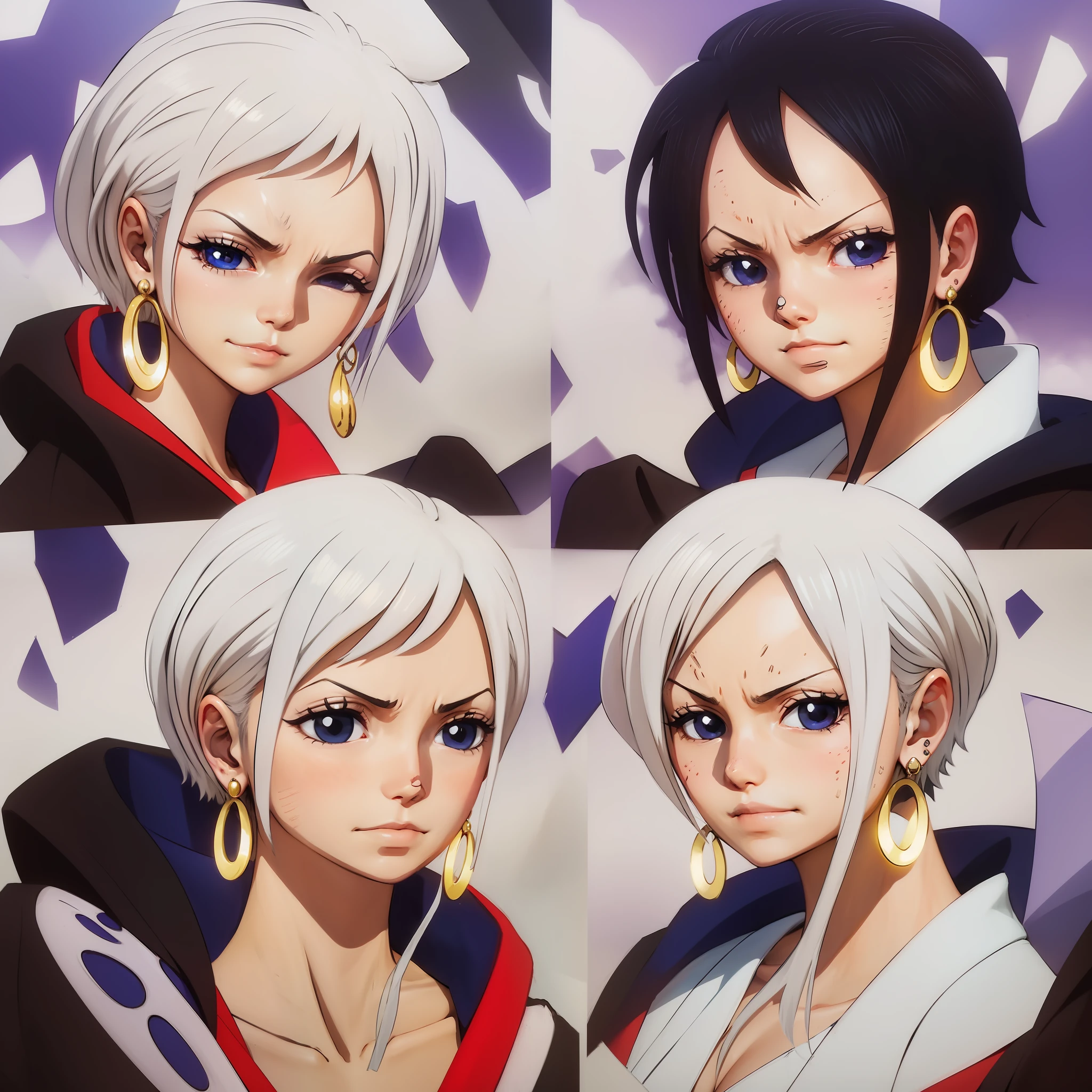 ma girl, gray hair, short shoulder-length hair, hair between eyes, short hair, hair clip, furrowed eyebrow, dashed eyes, empty eyes, eye reflection, half-closed eyes, bloody eyes color, crystal earrings, clenched teeth with a subtle corner smile, evil smile, anime style, symmetry, front view, high quality, 1080p,  HD, esitlo by Eiichiro Oda, one piece (Wano style)
