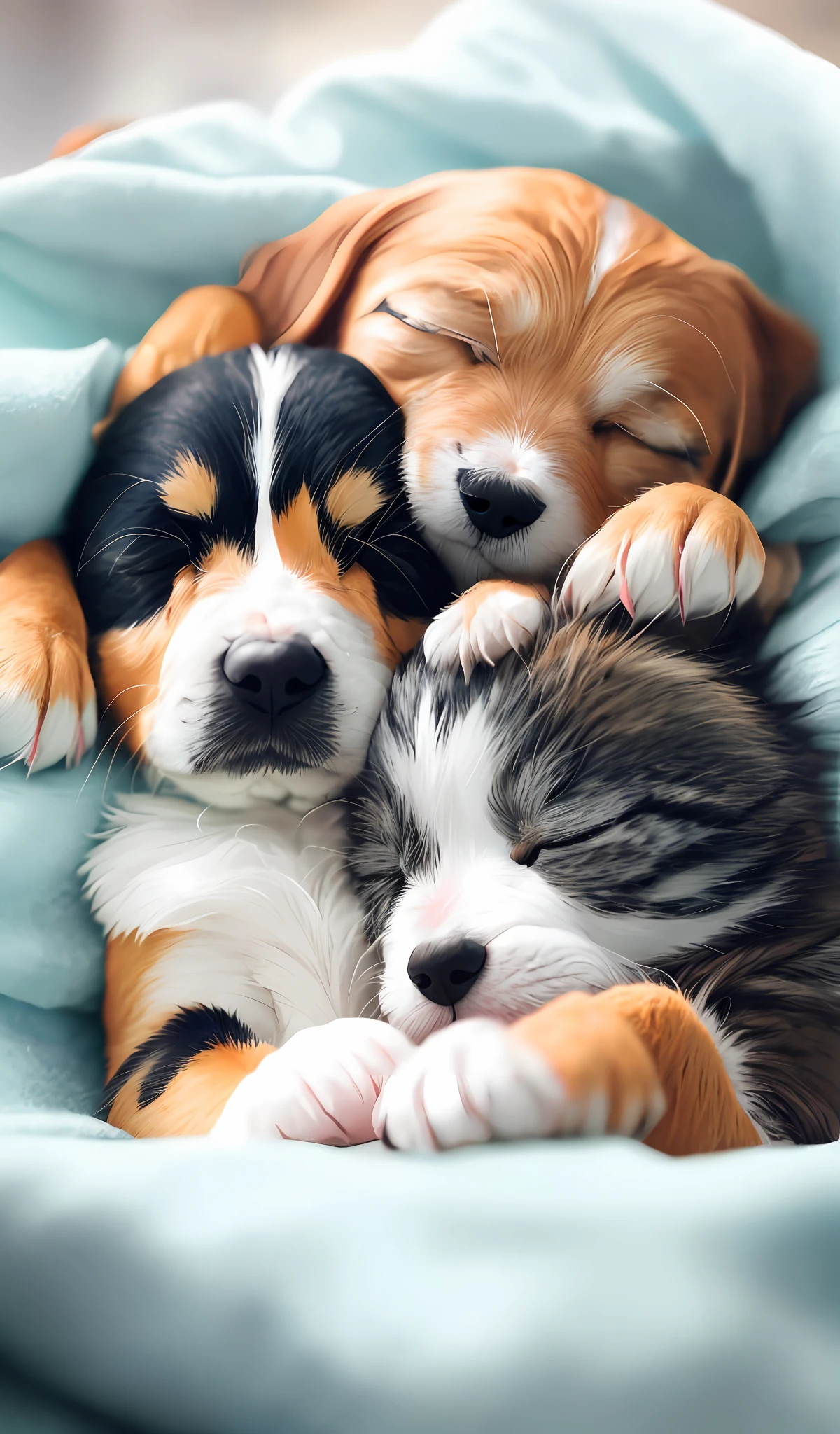 Create a relaxing, cute photo of a sleeping dog cuddled with a kitten, ultra realistic, photo taken by a professional camera, 8k, rain outside, very cute photo to see