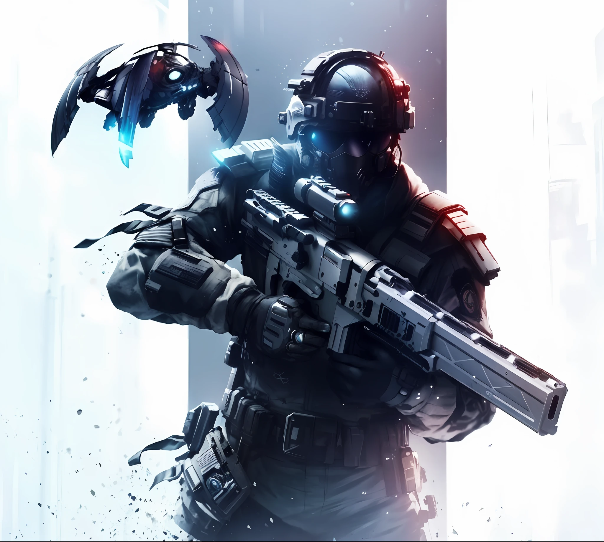 a close up of a person holding a gun and a bird, futuristic soldier, sci-fi soldier, cyberpunk soldier, fps game concept art, killzone, concept art like ernest khalimov, future soldier clothing, odst, fps shooter game, game poster, epic sci - fi character art, epic sci-fi character art, hd wallpaper, helghast