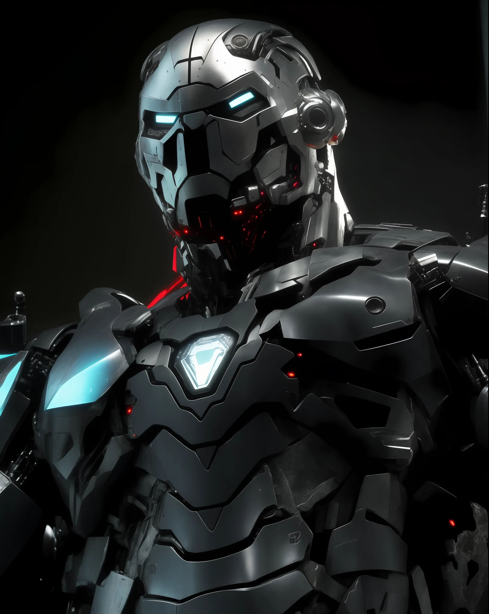 a close up of a robot with a gun in his hand, movie still of a villain cyborg, cyborg armor, cyborg body, melted cyborg, movie still of a cool cyborg, stylish cyborg armor, cyborg frame concept, movie still of a cyborg, cyborg male, covered in full metal armor, black octane render, cyborg warrior, intricate cyborg armor, cyberpunk iron man