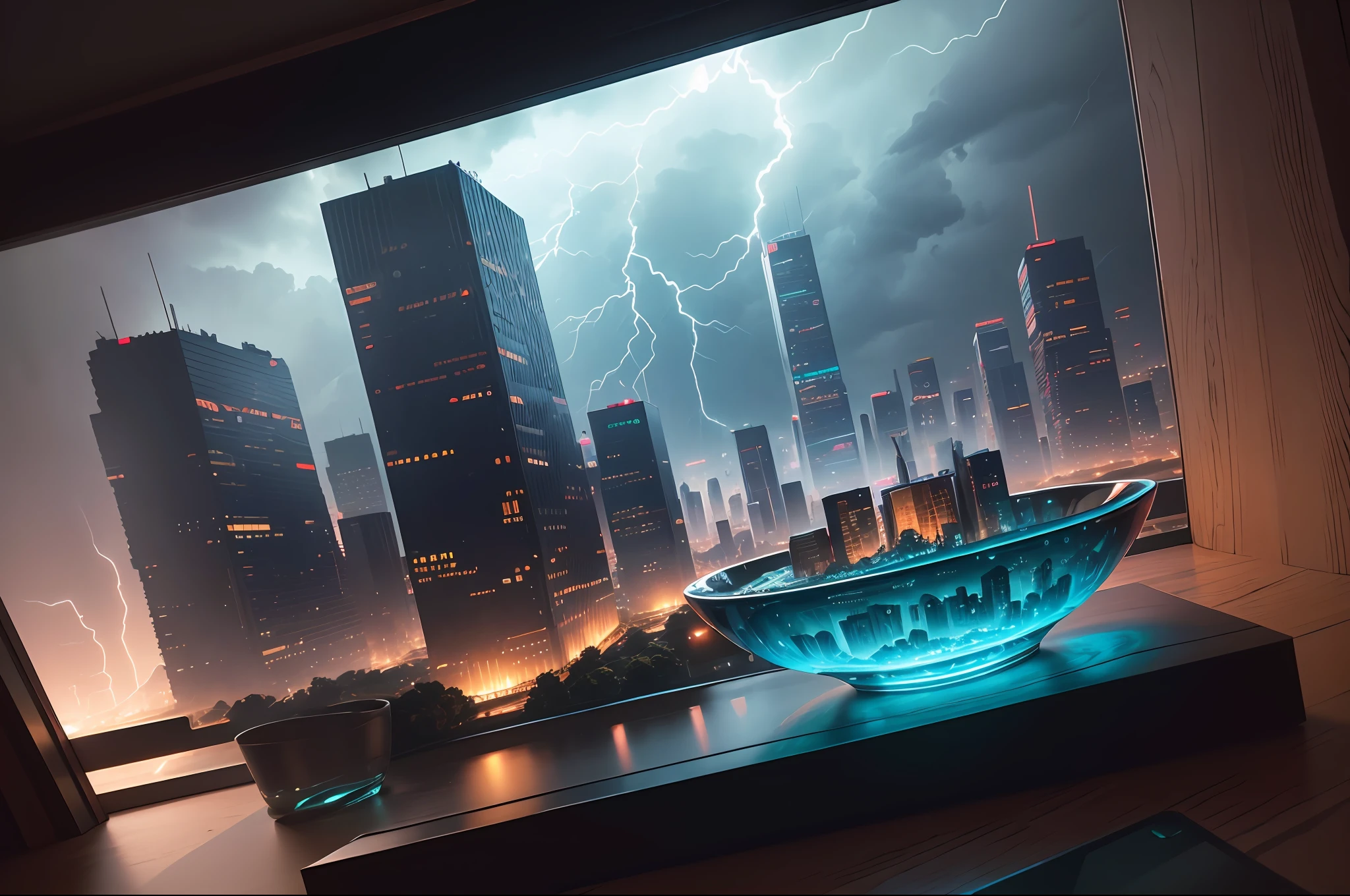 mini\(ttp\), (8k, RAW photo, best quality, masterpiece:1.2), cyberpunk city, isometric, miniature, landscape, glass bowl, storm, lightning, thunder