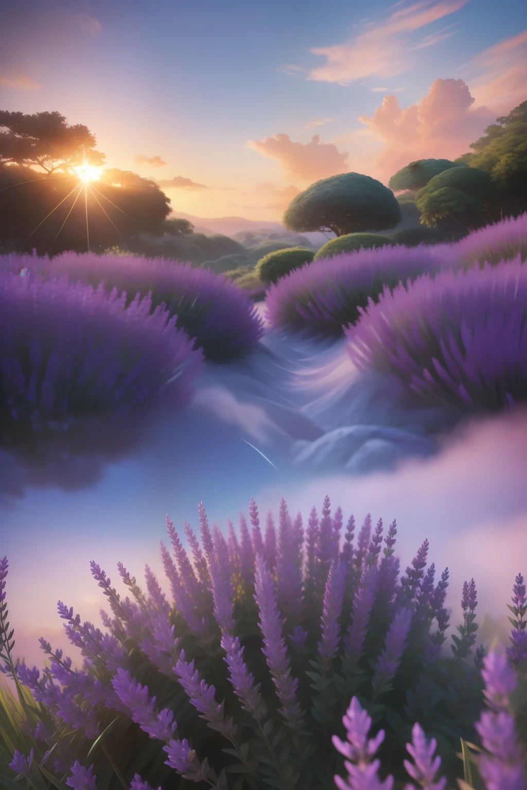 Ultra realistic, fantasy nature, sky and ground, strong wind, cloud line, light cloud shot, jungle, bright fun, ((extreme colors)), vibrant, beautiful, UHD, 8K, extremely detailed, photography, photorealism, natural light, masterpiece, best quality, amazing, intricate, highly detailed, sharp focus, cinematic, a park full of lavenders, sunrise