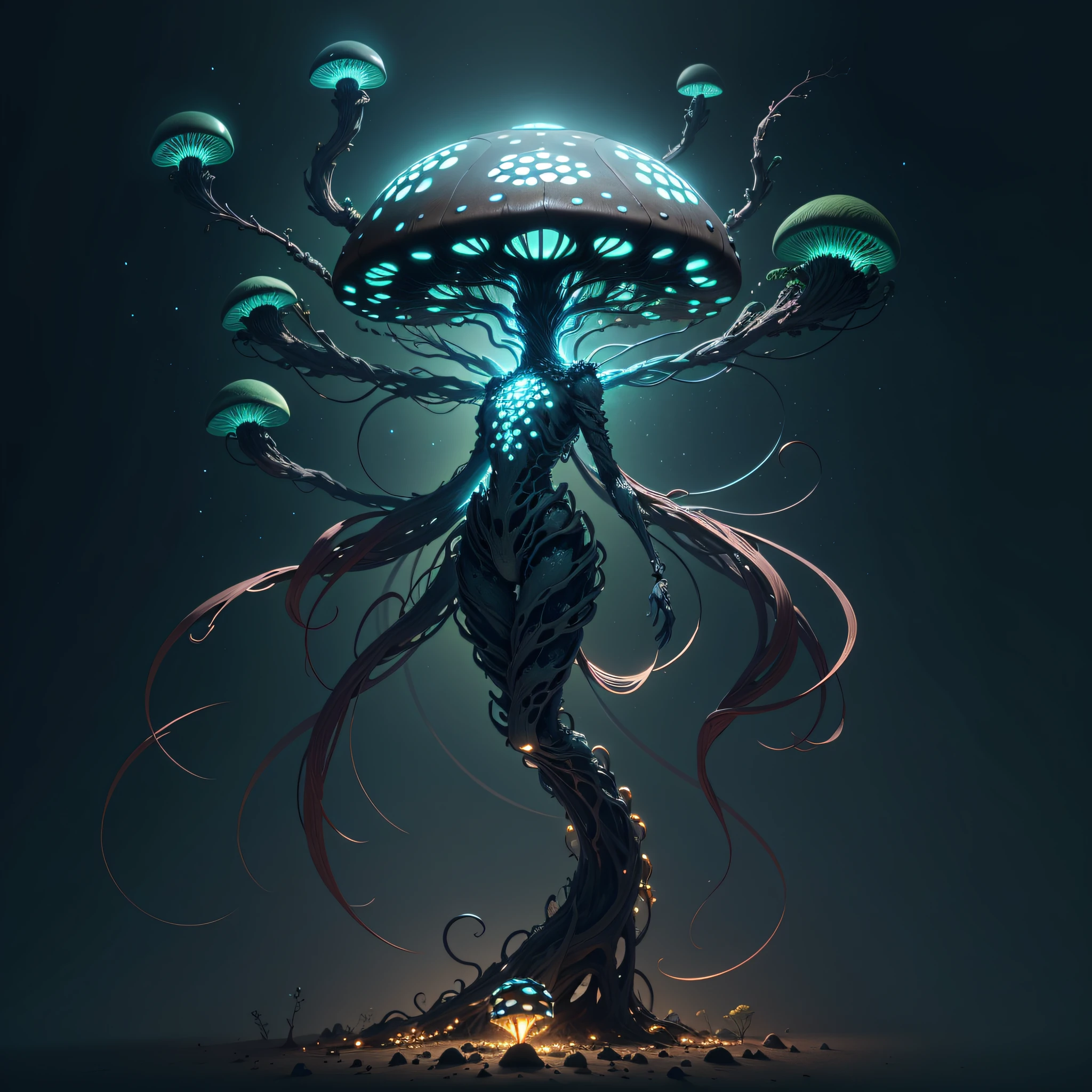 Generate an image of a creature with a humanoid body structure, but composed primarily of fungal elements. Its head resembles a large, dome-shaped mushroom cap, adorned with a pattern of glowing spots. Its arms are long, flexible tendrils sprouting from the shoulders, capable of manipulation like human hands. Instead of legs, it has a single, thick, tree-like stem rooted in the ground. Its face is a cluster of small, bioluminescent orbs embedded in the underside of the cap, arranged in a manner reminiscent of human facial features.