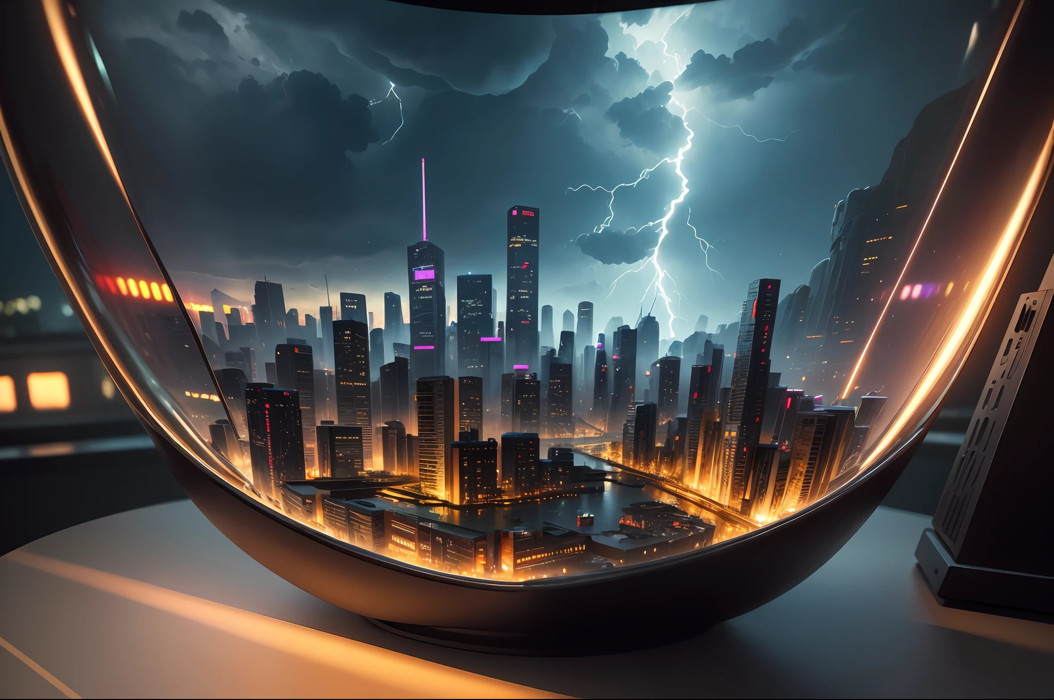 mini\(ttp\), (8k, RAW photo, best quality, masterpiece:1.2), cyberpunk city, isometric, miniature, landscape, glass bowl, storm, lightning, thunder