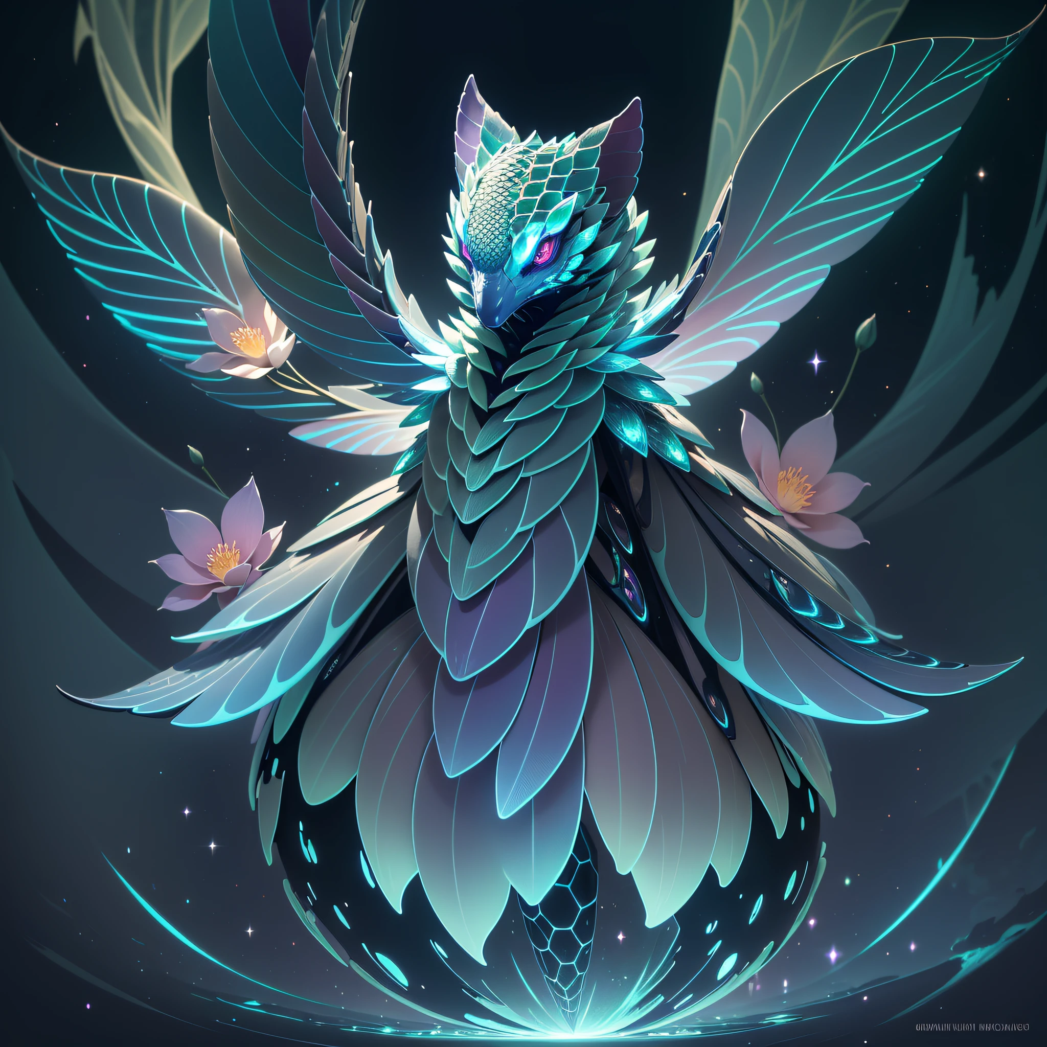Generate an image of a creature with a body that resembles a pangolin, covered in overlapping, iridescent scales. It has a long, prehensile tail that ends in a cluster of bioluminescent fungi, and instead of a head, it has a large, blooming flower with a multitude of small, glowing eyes nestled within the petals.