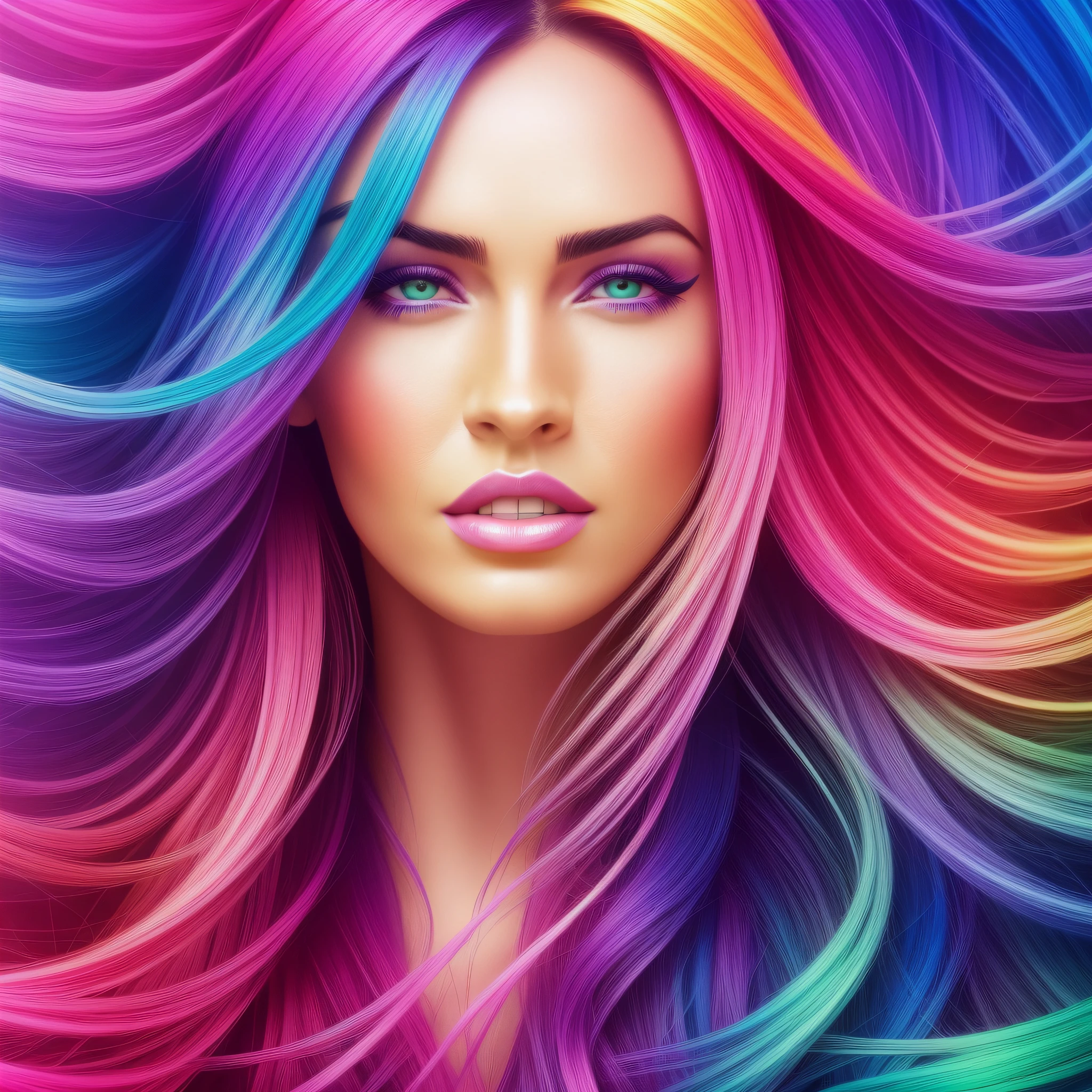 a woman with long hair and a colorful background, digital art by Julia Pishtar, shutterstock, fantasy art, colorful aura, megan fox colorful portrait, colorful hd picure, colorfull digital fantasy art, glowing rainbow face, colorful dream, magic world. colorful, digital art picture, beautiful art uhd 4 k, cosmic and colorful, background artwork