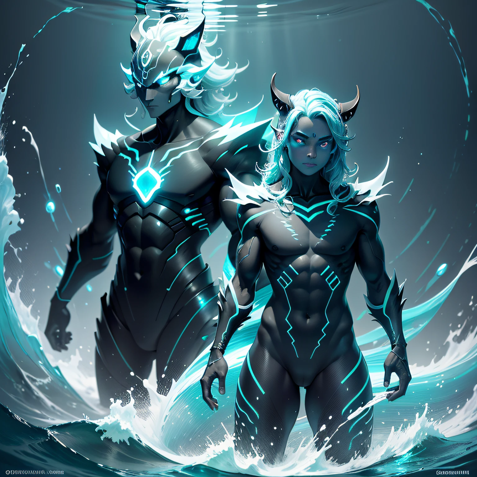 Generate an image of a creature with a sleek, aquatic body covered in bioluminescent stripes, a dorsal fin that resembles a cresting wave, and a pair of large, expressive eyes that glow in the dark.
