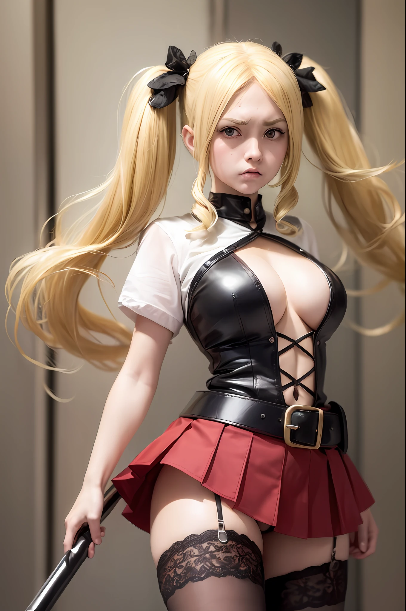 masterpiece, best quality, super detailed, beautiful detailed face, intricate details, flat color, depth of field, outline, overall view, camera far away, girl, standing far, ager, anime, standing, standing upright, full-length, visible full-length, wide stance, (legs spread wide:1.4), (hands on the belt:1.3), (fighting stance:1.2), looks at the viewer, (village:1), nature, (blonde:1.6), (twintails:1.5),  red pleated miniskirt, red skirt, white shirt, white shirt, unbuttoned top buttons, unbuttoned shirt, white blouse, (without bra:1.1), plunging neckline, black tights, detailed leather texture, detailed fabric texture, huge breasts, (blue eyes:1,1), (ruddy:1), (dissatisfied:1.5), (angry:1.4), furious, (frowned:1.5)