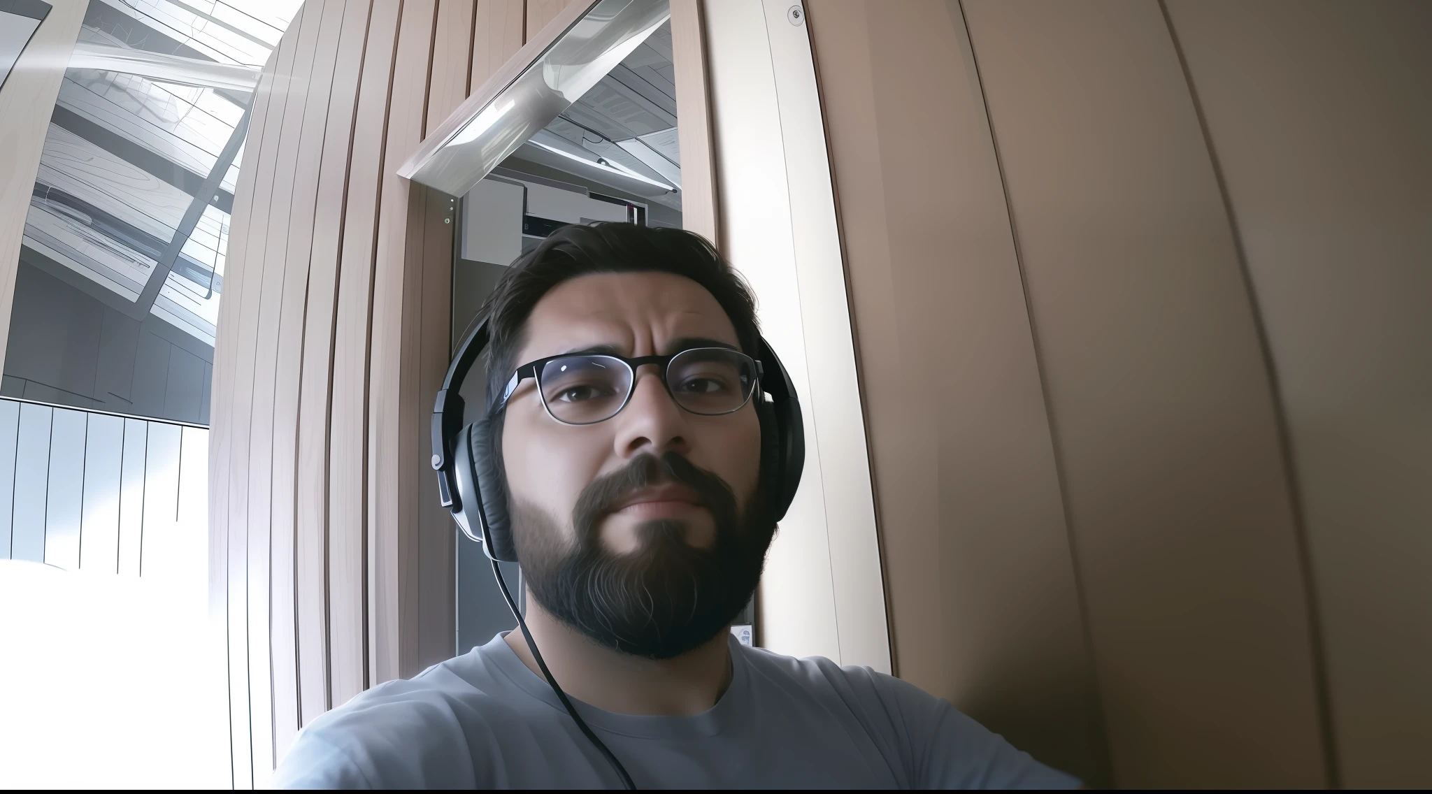 there is a man with headphones and a beard wearing a gray shirt, with head phones, webcam screenshot, low quality video, in front of a computer, with headphones, inspired by Abidin Dino, fpv, wearing headset, studio shot, webcam, webcam footage, frontal shot, with accurate face, inspired by Bohumil Kubista