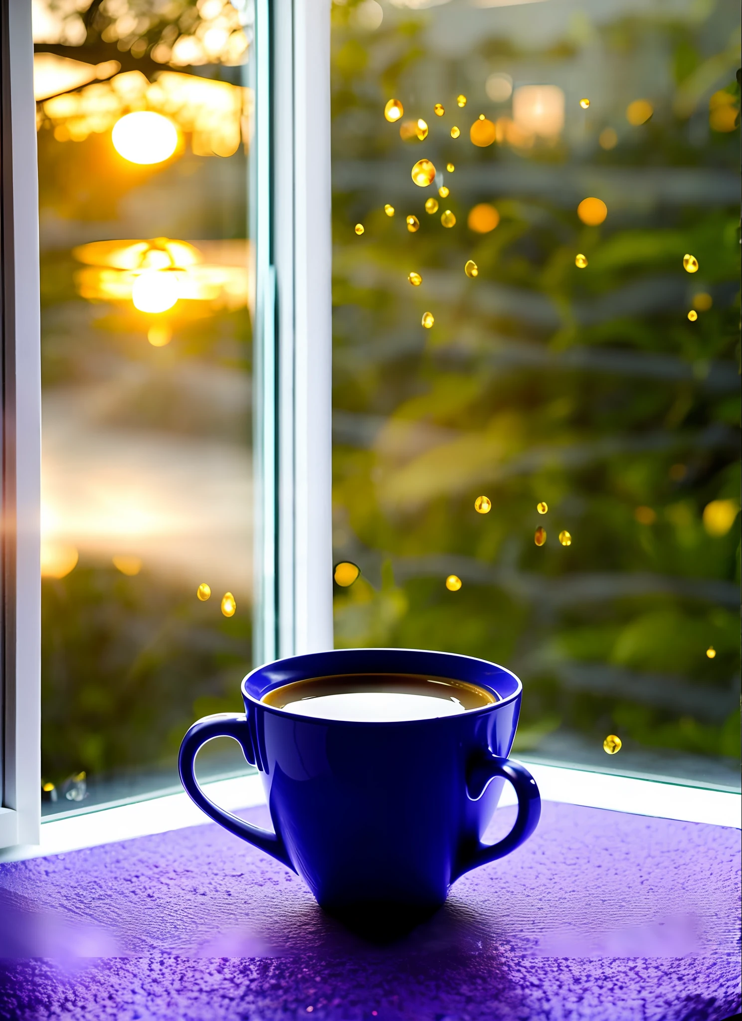 Create a relaxing image, from a window with orange sunrise light, small droplets of water on the glass, lavender plants outside blurred, in the window a cup of white porcelain coffee with a touch of light smoke coming out of the cup, ultra realistic, 8K, photo taken by a professional photography camera.