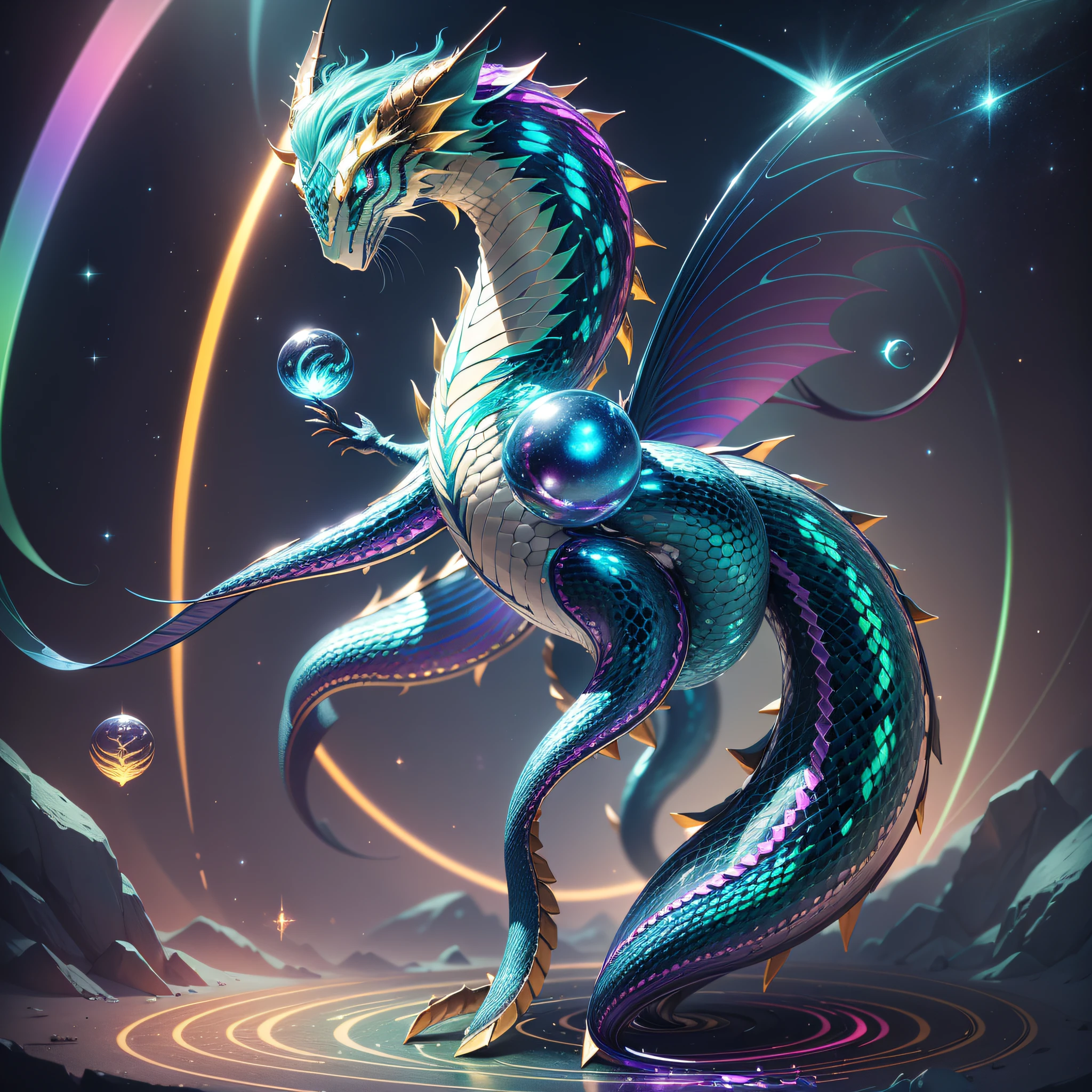 Generate an image of a six-legged creature, the 'Glimmerbeast', with scales that reflect light like a prism, creating a shimmering rainbow effect, a long serpentine tail that ends in a luminescent orb, and a mane of glowing tendrils that ripple with every movement.