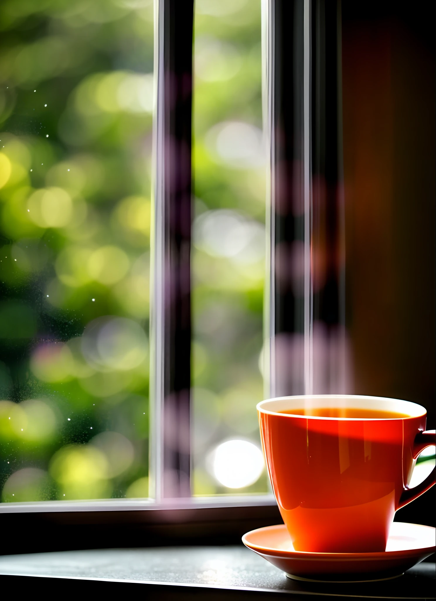 Create a relaxing image, from a window with orange sunrise light, small droplets of water on the glass, lavender plants outside blurred, in the window a cup of white porcelain coffee with a touch of light smoke coming out of the cup, ultra realistic, 8K, photo taken by a professional photography camera.