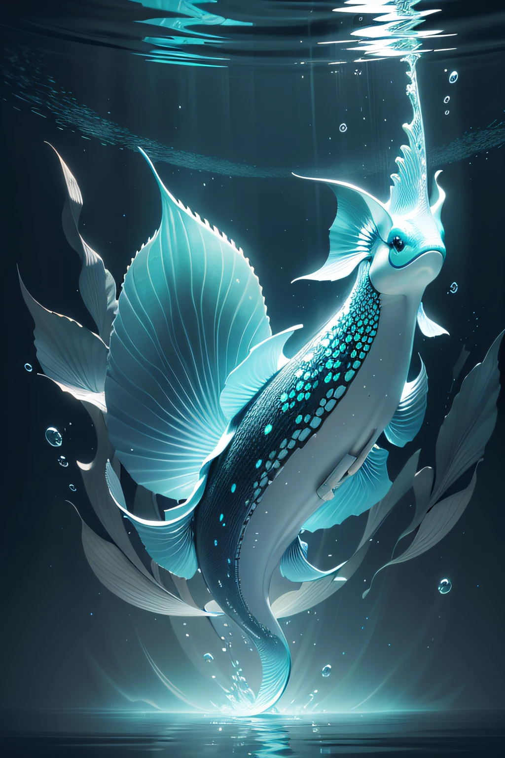 Generate an image of an aquatic creature, the 'Aquaflitter', with a sleek, streamlined body covered in iridescent scales, a pair of large, translucent fins that ripple as it moves through the water, and a series of bioluminescent spots along its body that pulse with a soft, soothing light.