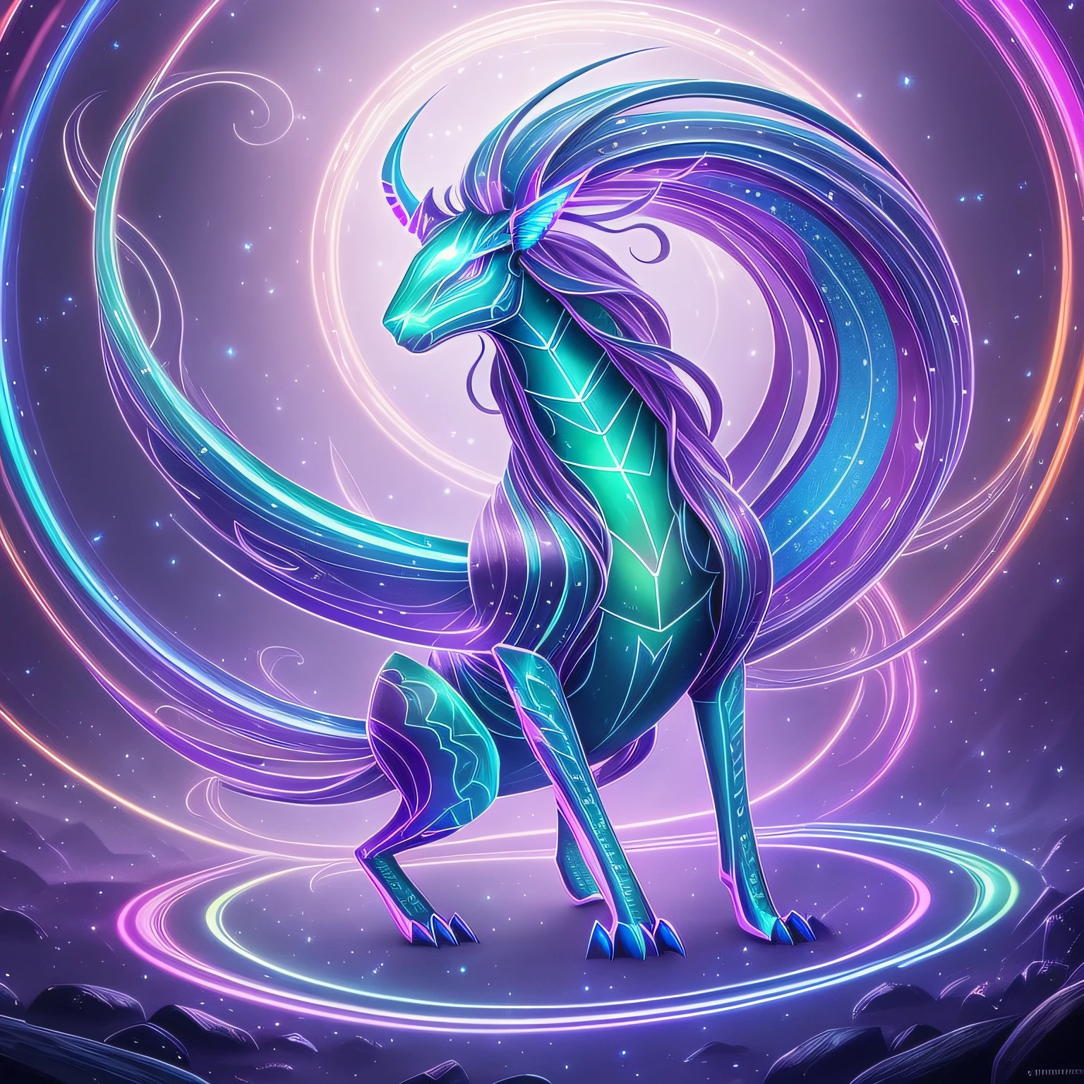 Generate an image of a six-legged creature, the 'Glimmerbeast', with scales that reflect light like a prism, creating a shimmering rainbow effect, a long serpentine tail that ends in a luminescent orb, and a mane of glowing tendrils that ripple with every movement.