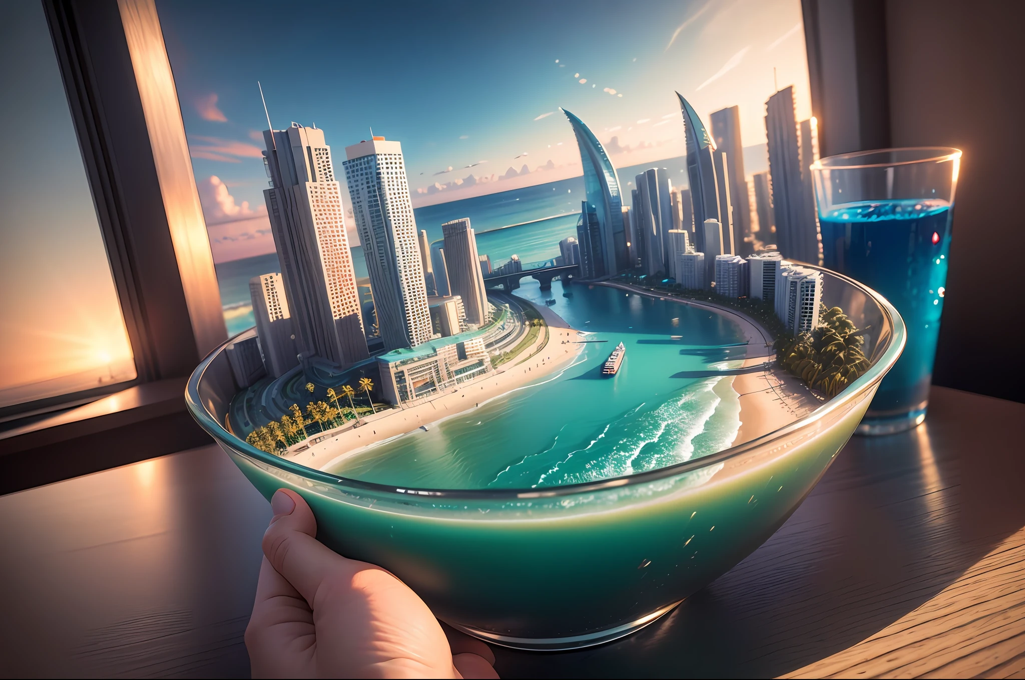 mini\(ttp\), (8k, RAW photo, best quality, masterpiece:1.2), cyberpunk city, isometric, miniature, landscape, glass bowl, palm Trees, beach, waves