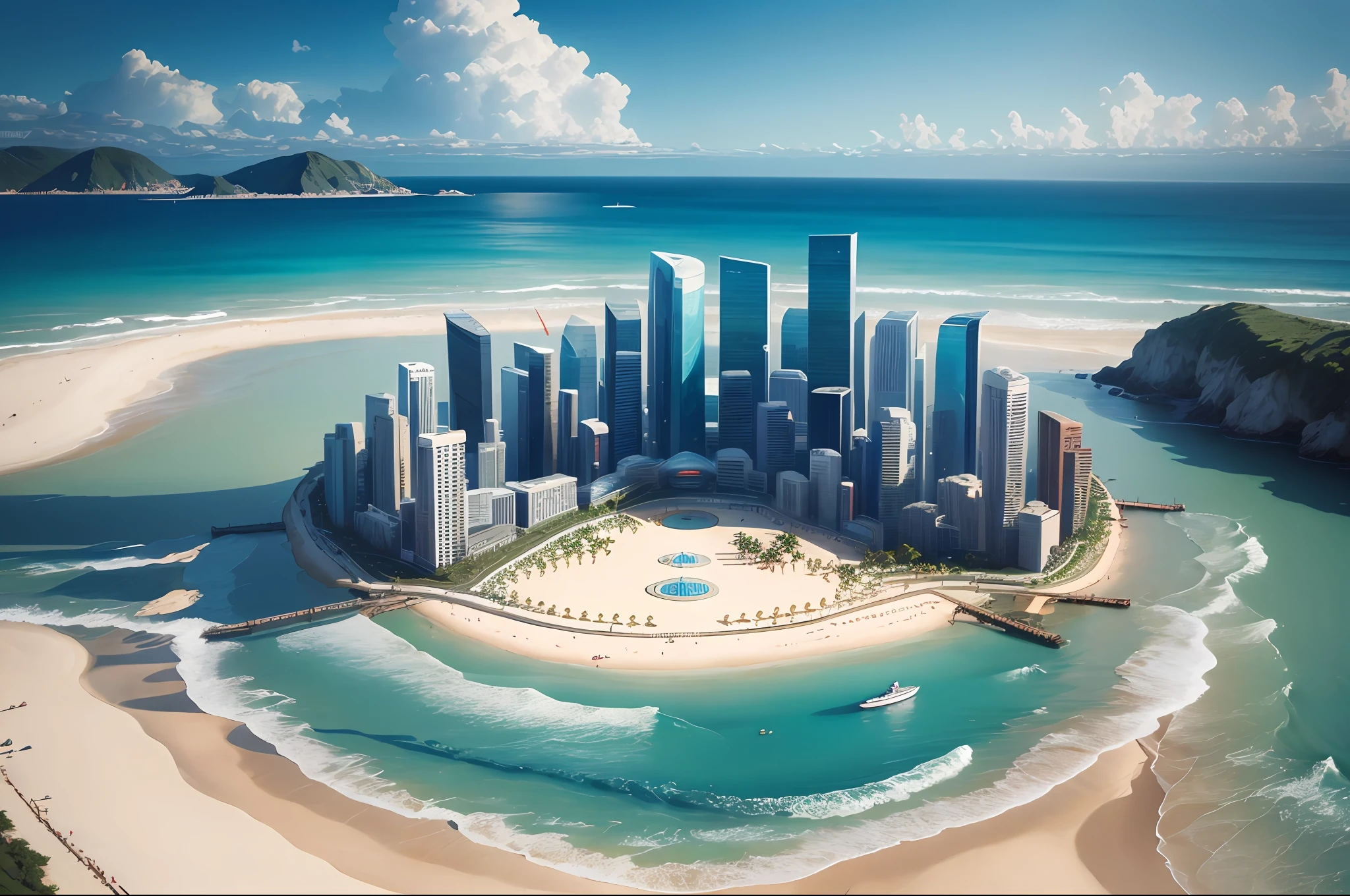 mini\(ttp\), (8k, RAW photo, best quality, masterpiece:1.2), cyberpunk city, isometric, miniature, landscape, glass bowl, palm Trees, beach, waves