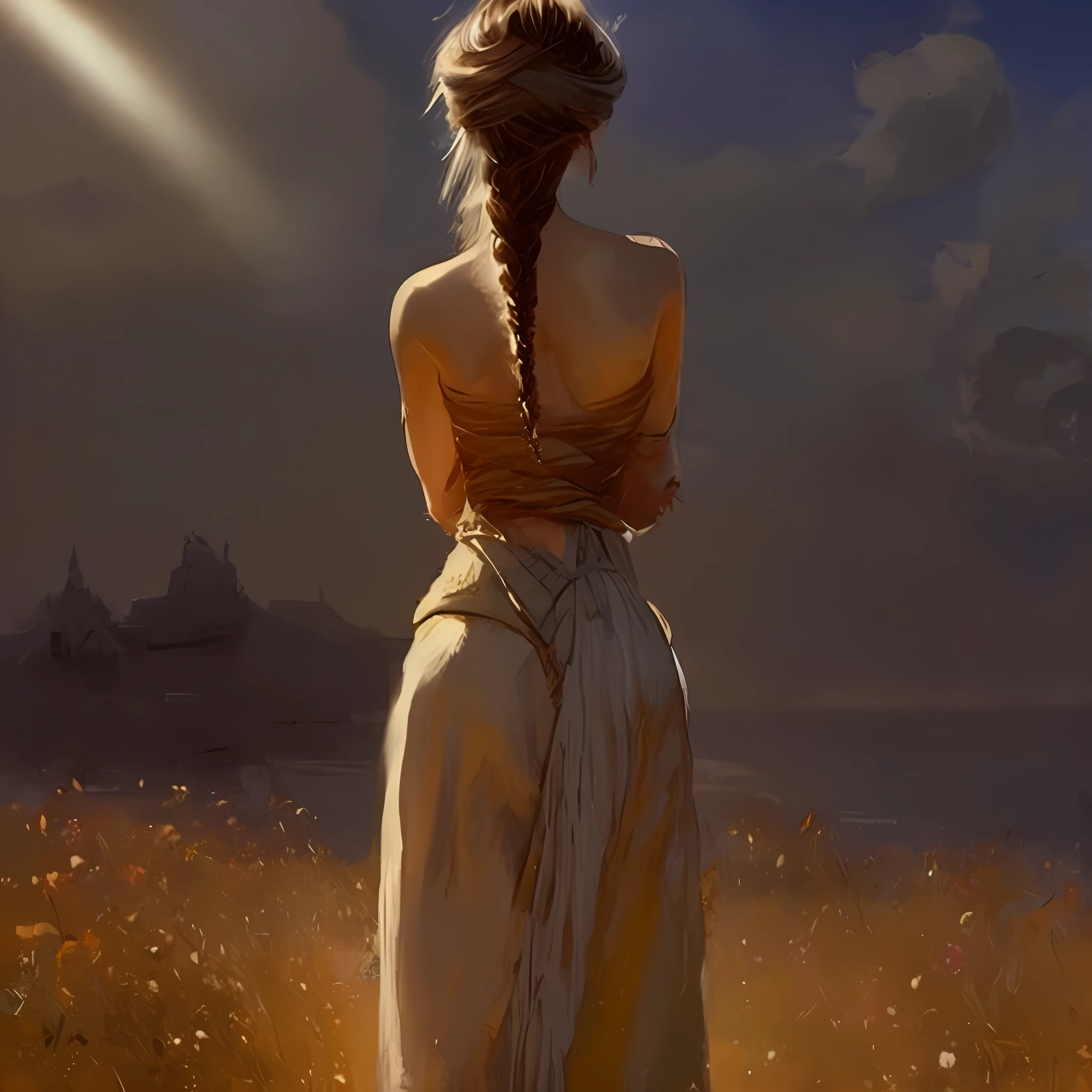 painting of a woman in a field with a sky background, bathed in golden light, by John J Park, by Han Gan, by Marek Okon, beautiful maiden, by Aleksander Gine, by Bertalan Karlovszky, karol bak and peter mohrbacher, by Andreas Rocha, by Pablo Munoz Gomez