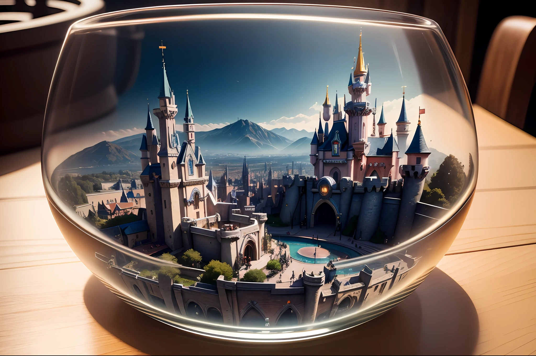 mini\(ttp\), (8k, RAW photo, best quality, masterpiece:1.2), cyberpunk city, isometric, miniature, landscape, glass bowl, Disneyland castle