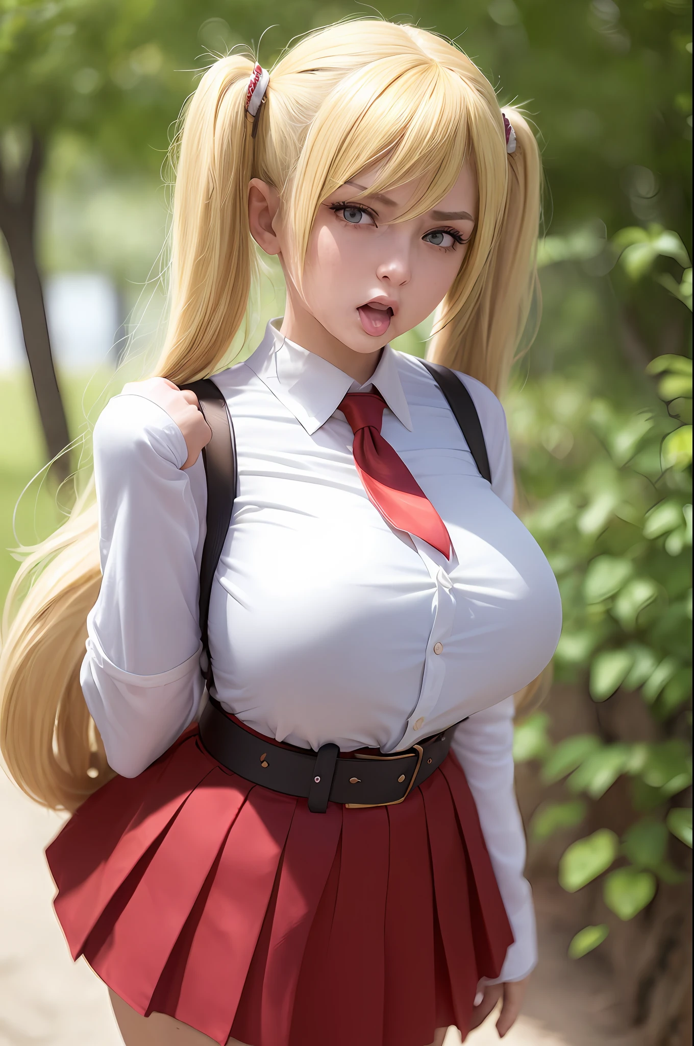 masterpiece, best quality, super detailed, beautiful detailed face, intricate details, flat color, depth of field, outline, overall view, camera far away, girl, standing far, ager, anime, standing, standing upright, full-length, visible full-length, wide stance, (legs spread wide:1.4), (hands on the belt:1.3), (fighting stance:1.2), looks at the viewer, (village:1), nature, (blonde:1.6), (twintails:1.5), red pleated miniskirt, red skirt, white shirt, white shirt, unbuttoned top buttons, unbuttoned shirt, white blouse, (without bra:1.1), plunging neckline, black tights, detailed leather texture, detailed fabric texture, huge breasts, (blue eyes:1,1), (ruddy:1), (dissatisfied:1.5), (angry:1.4), furious, (frowned:1.5)