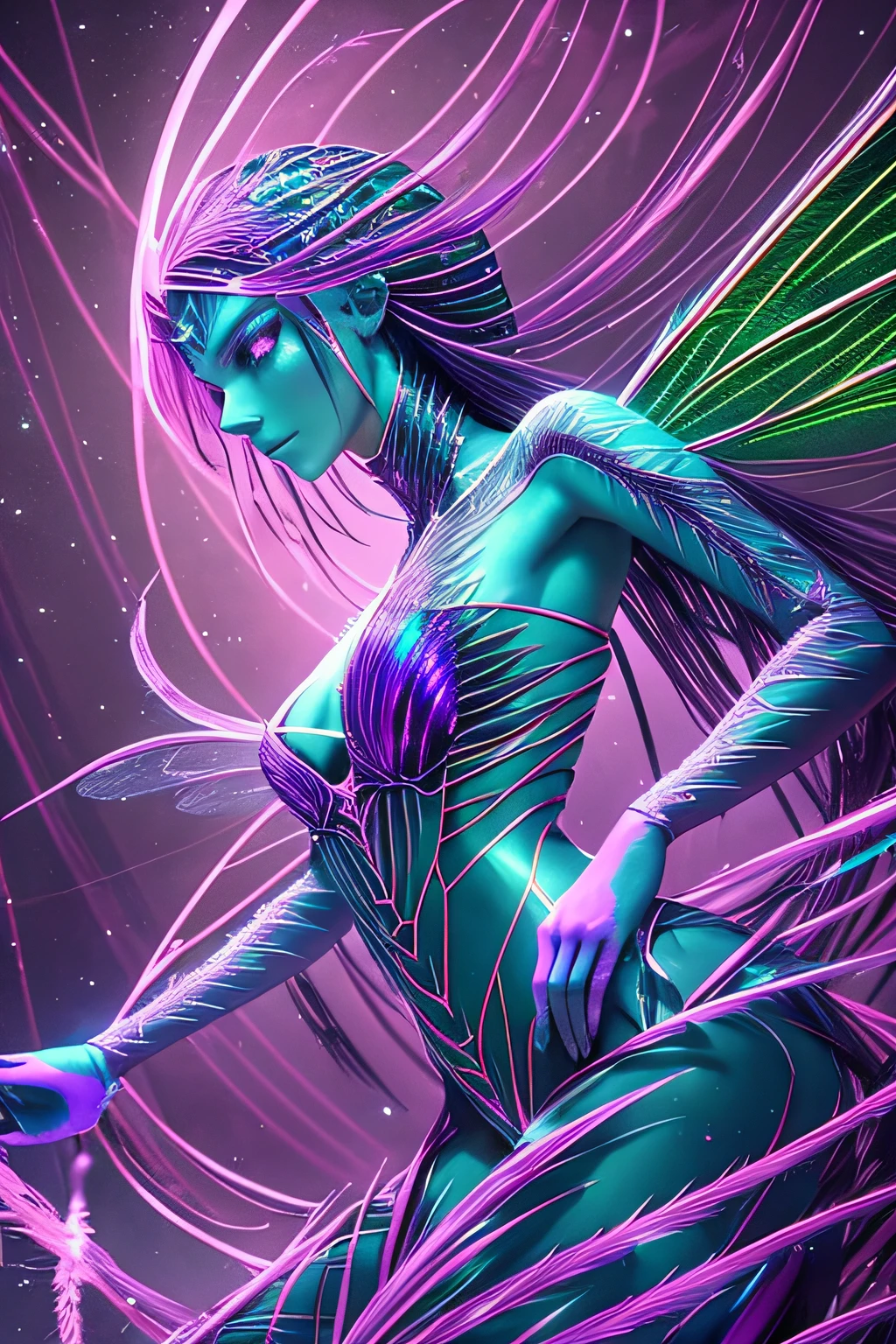Generate a 7-foot tall humanoid creature, with iridescent skin, three violet eyes - two on the palms of its hands, hair made of luminescent spines, long slender limbs with six webbed digits each, gill-like slits on its neck, and large, translucent, dragonfly-like wings sprouting from its back
