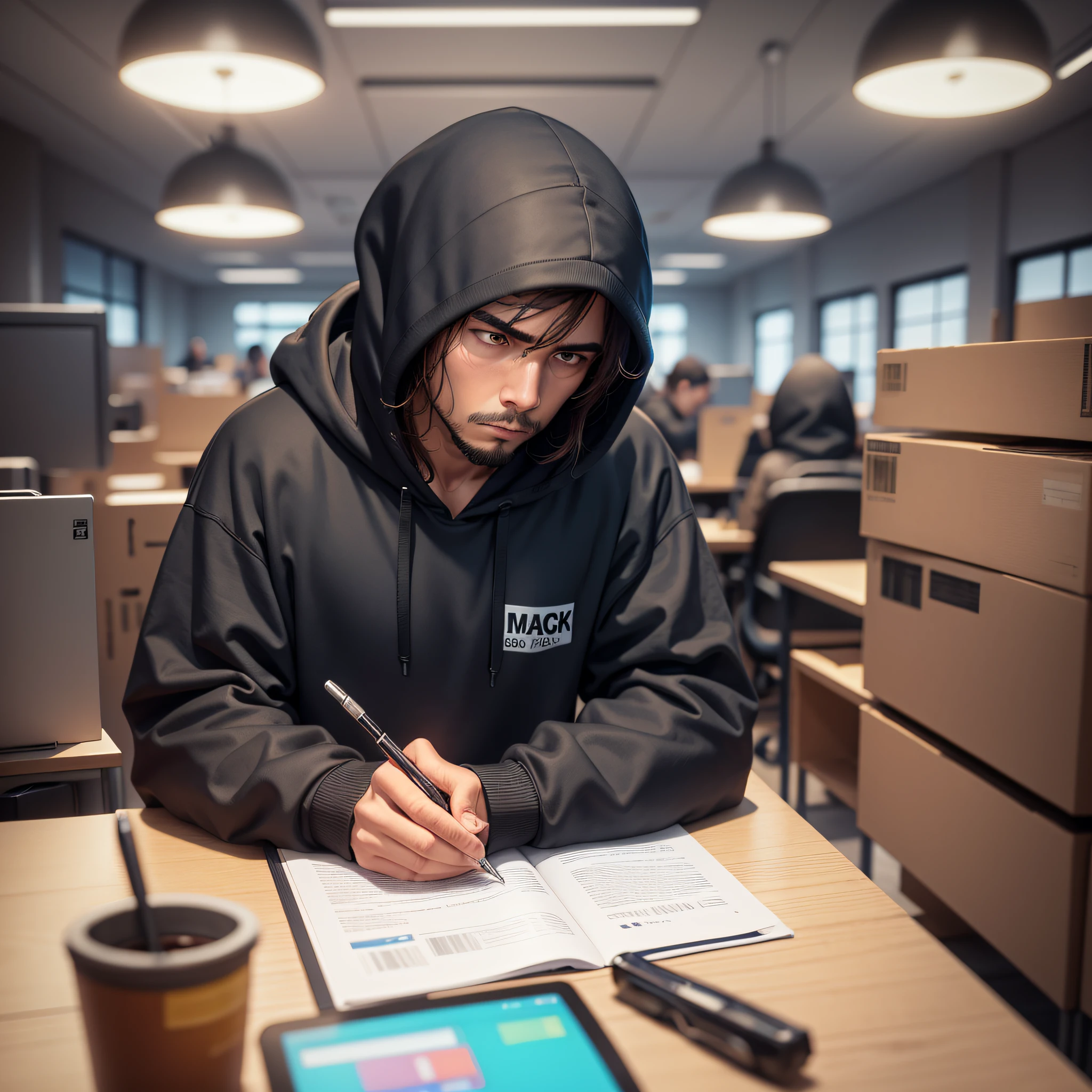hard work, man in black hoodie, working in an office, tired, detailed background, people in the background --auto --s2