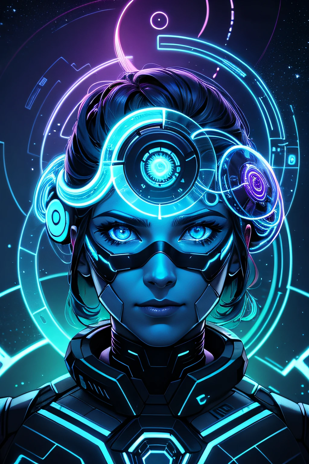 bioluminic [sh4g0d:0.6], helix portal, portrait, [fluorescent hair:0.7], galactic cybernetic mask