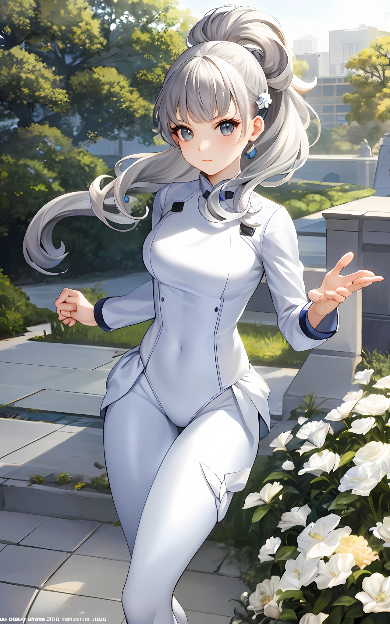 Masterpiece, top quality, Iori Fuyusaka 1, 1 girl, solo, (white translucent bodysuit: 1.2), hair flowers, hair ornaments, flowers, long high ponytail hair, full body, gray hair, white flowers, gray eyes, looking at the viewer, very detailed urban background, (ulzzang-6500: 0.8), blush,