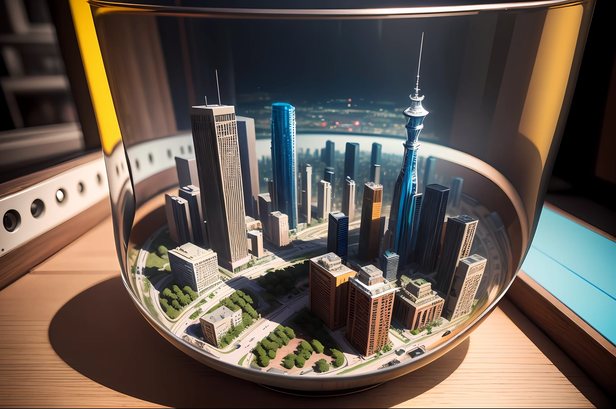 mini\(ttp\), (8k, RAW photo, best quality, masterpiece:1.2), cyberpunk city, isometric, miniature, landscape, glass bowl, universal studios