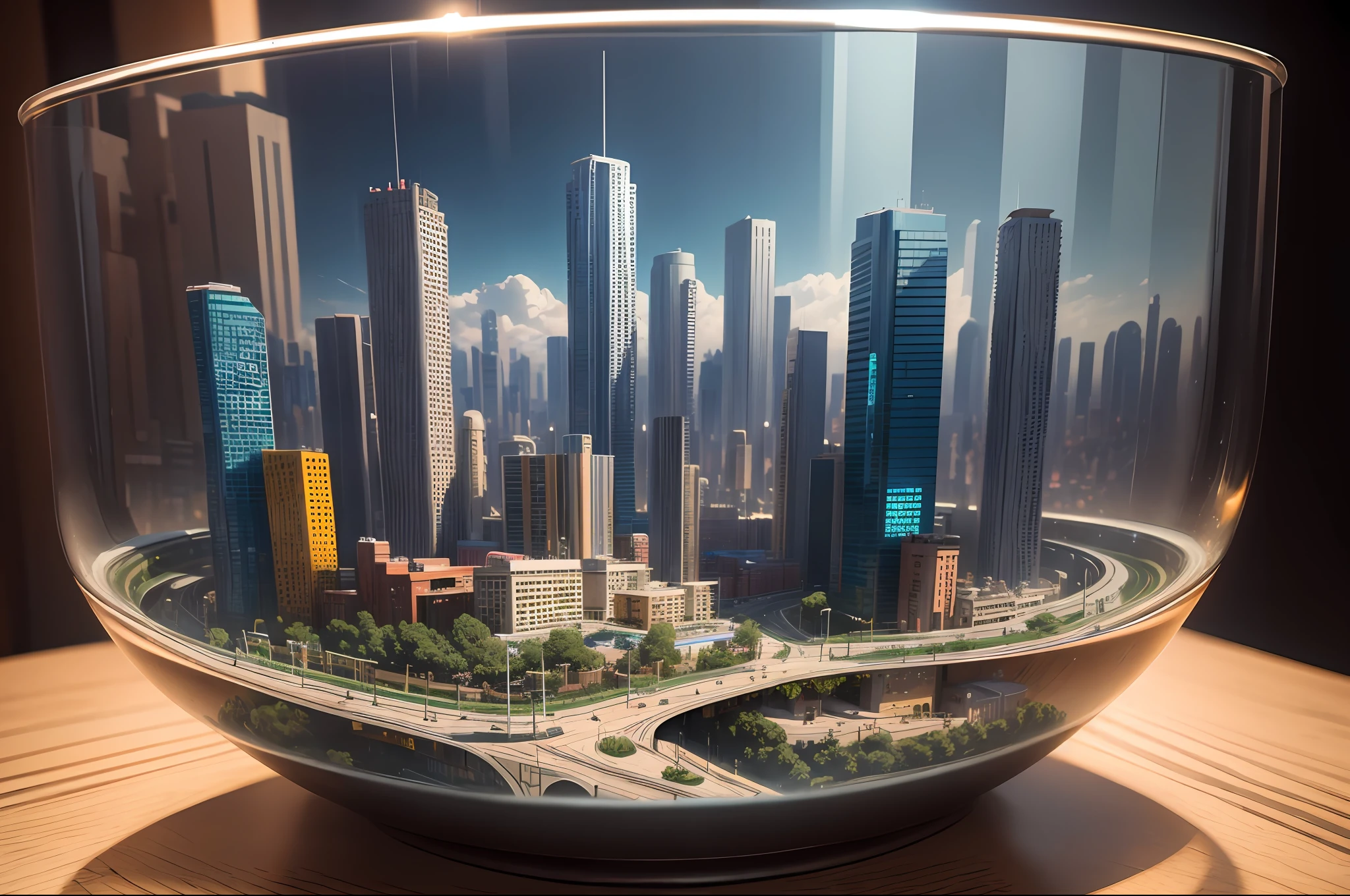 mini\(ttp\), (8k, RAW photo, best quality, masterpiece:1.2), cyberpunk city, isometric, miniature, landscape, glass bowl, universal studios