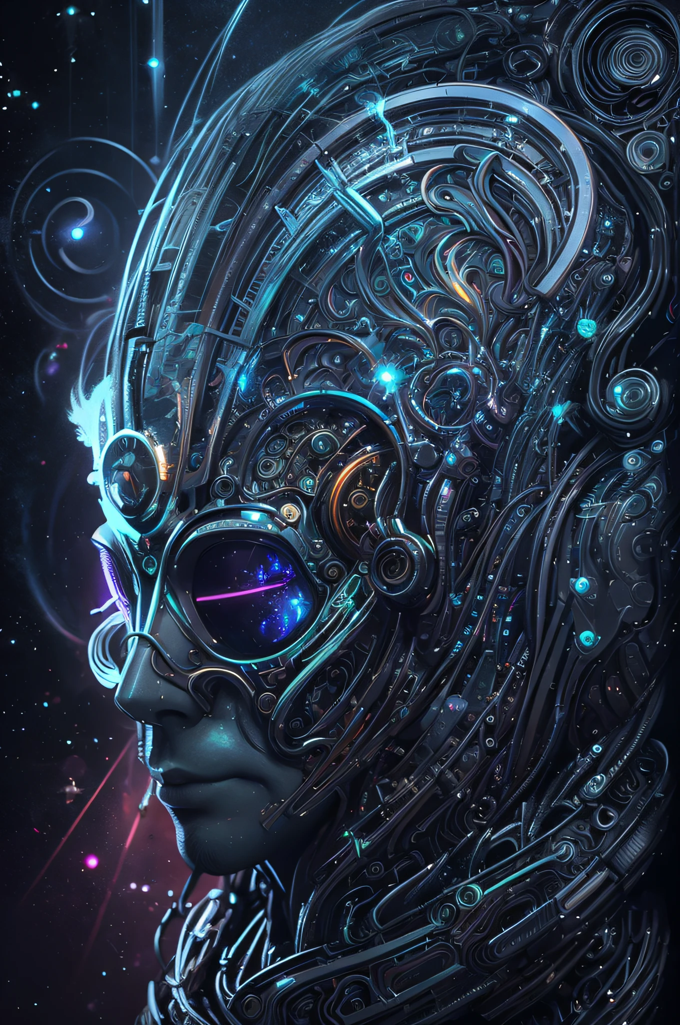 bioluminic [sh4g0d:0.6], helix portal, portrait, [fluorescent hair:0.7], galactic cybernetic mask