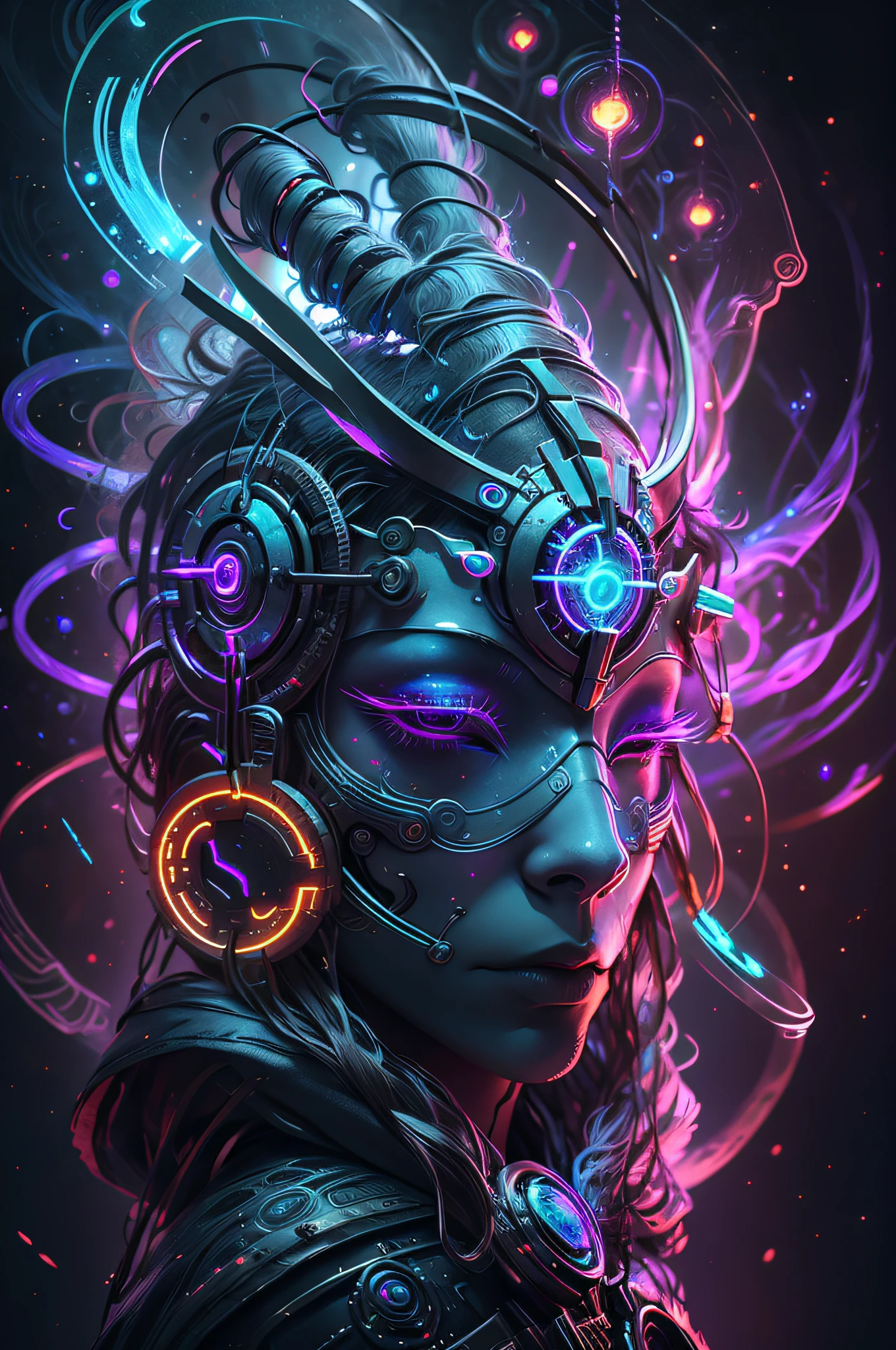 bioluminic [sh4g0d:0.6], helix portal, portrait, [fluorescent hair:0.7], galactic cybernetic mask