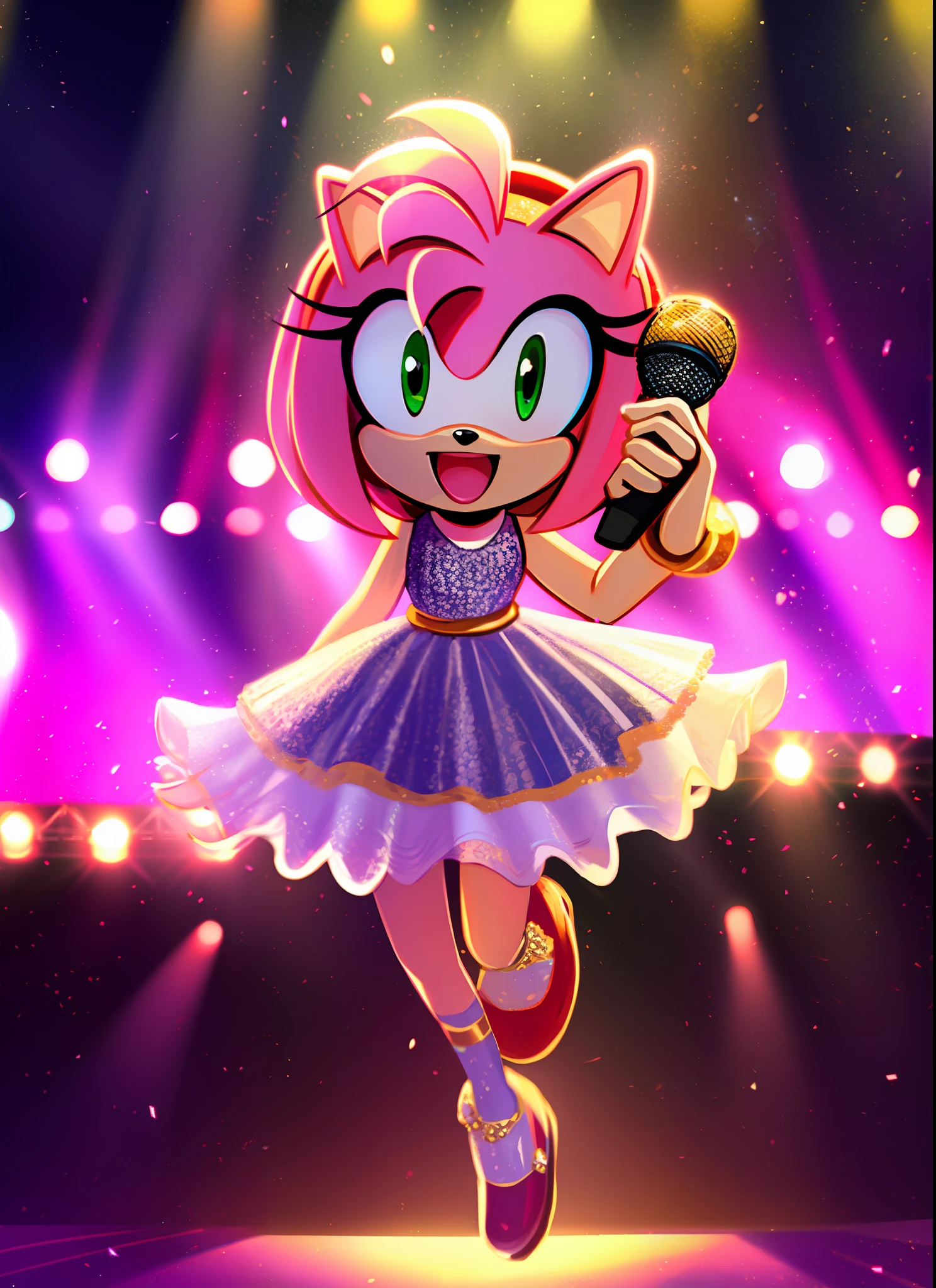 amy rose, full body, stage, jumping, crowd, idol dress, masterpiece, soft lighting, very detailed, detailed background, field of view, intricate details, =D, jumping on stage, holding in hand microphone