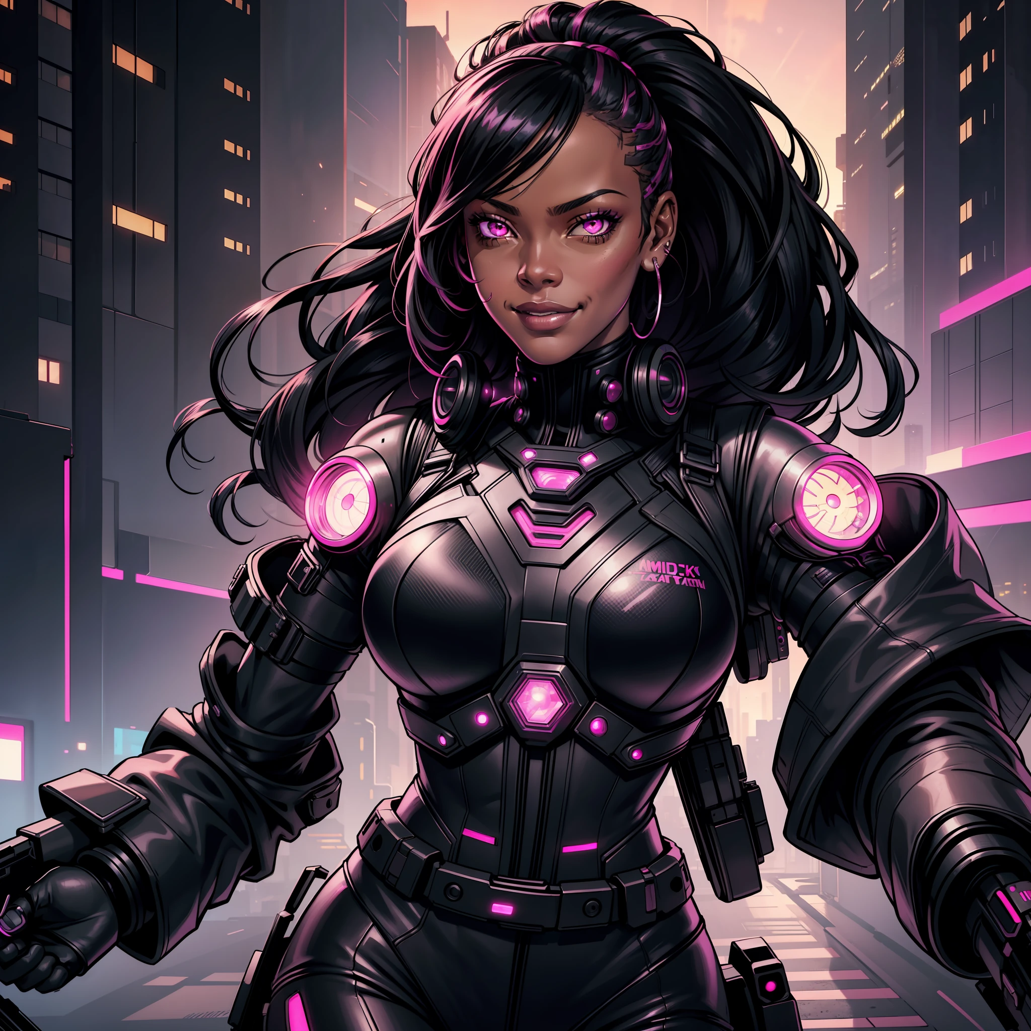 "(metallic military tactical uniform cyberpunk firefly pink:1) (1blackwoman) dark theme :: focus on closeup face, smiling face, face Rihanna, ultra realistic futuristic cyberpunk athletic black woman, :: long black hair :: cyberpunk lab :: cool cyberpunk firefly military vest, pink eyes :: natural lighting :: bokeh :: 8k :: best quality :: masterpiece :: insanely detailed:1.5"