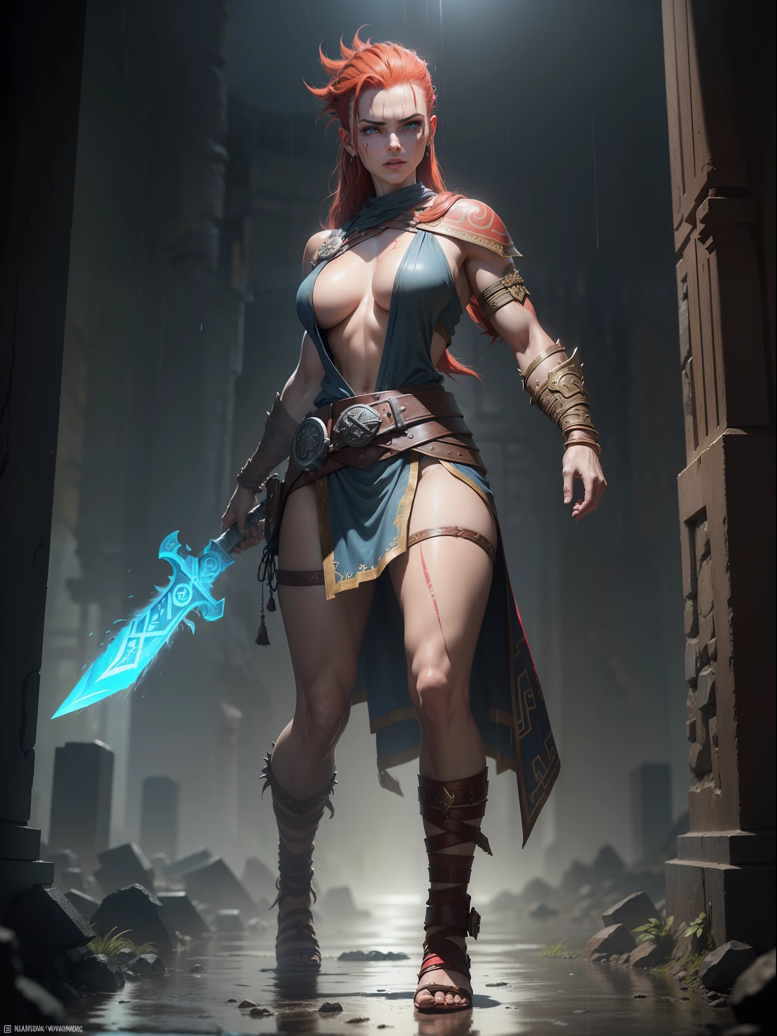 ((God of War Ragnarok Style, God of War Ragnarok Universe, Full Body Photo, Standing, Foot on the Ground)), Gaiana a Spartan warrior, , black/brown leather and gold details/Spartan warrior costume, tight costume on the body, extremely exhibitionist, whitish pale skin, tattoos all over the body and face, ((she is in an ancient macabre Greek temple at night raining hard)),  she has ((mohawk-style red hair, blue eyes, looking directly at the viewer)), closed fists, water-soaked hair/body/clothing, fighting position, sword at waist, God of War Ragnarok, crazy smile, anime, 16k, award winning, high details, high quality, textured skin, anatomically correct, masterpiece, UHD, ccurate