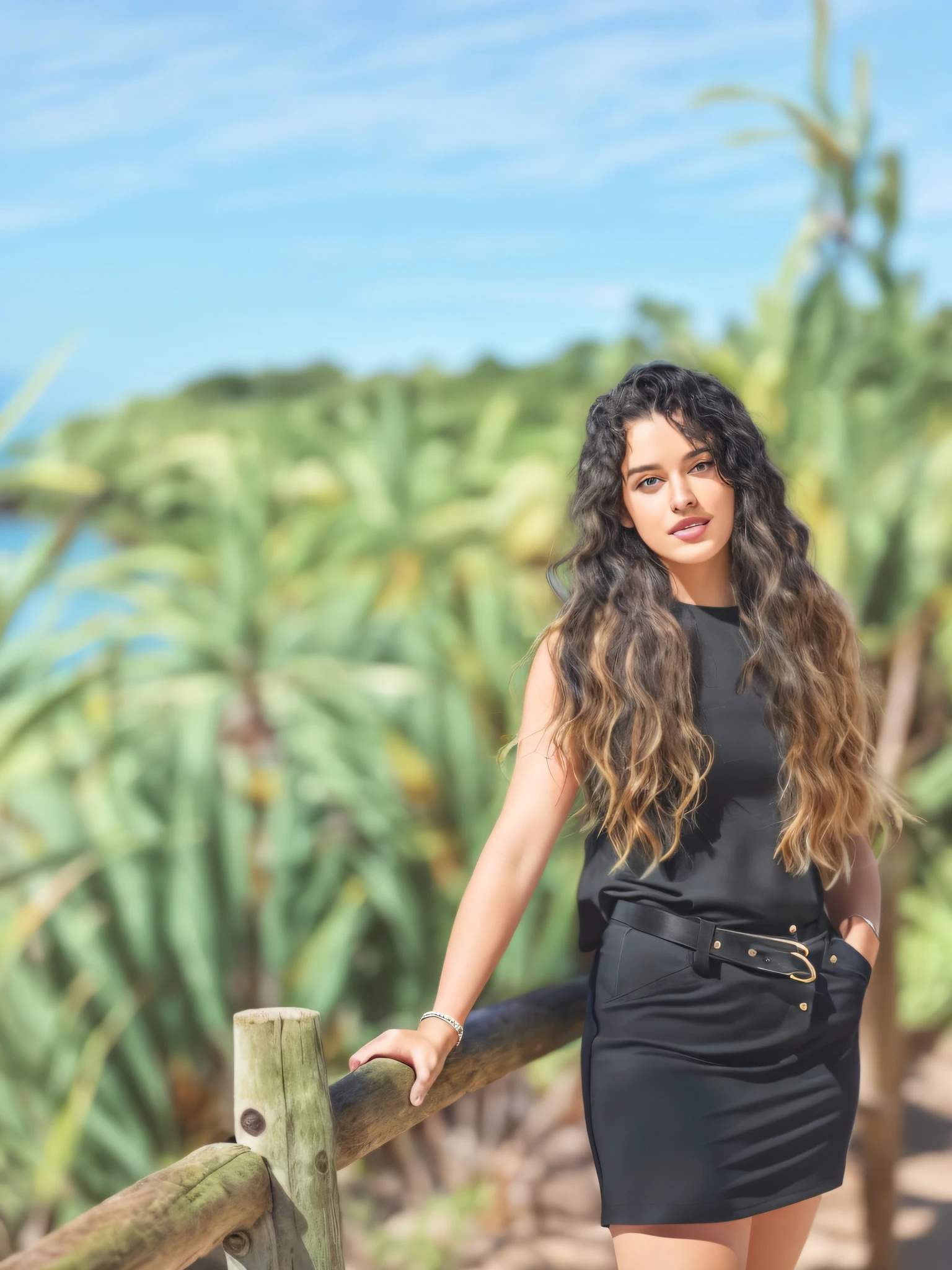 there is a woman standing on a wooden fence by the beach, standing near the beach, near the beach, near the sea, in front of a forest background,8k,very detailed photo,19 year old young man, black hair with blonde tips, dressed in black,brown western eyes,midsize woman,ultrarealistic photo, detailed,beautiful scenery,chubby woman