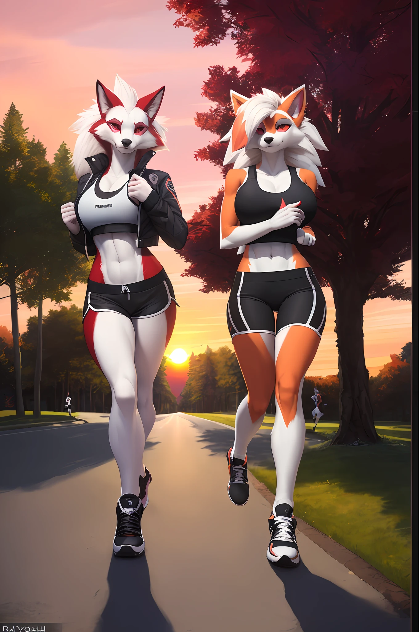 [pokemon; lycanroc midnight, lycanroc dusk], [Uploaded to e621.net; (Foxovh), (Pixelsketcher), (mayosplash)], ((masterpiece)), ((duo portrait)), ((furry; 2 antrho wolf girls)), ((detailed fur)), ((raytracing)), ((detailed shading)), ((beautiful render art)), {((anthro pokemon; [LEFT: lycanroc midnight; red fur, white belly), (bright red eyes; white sclera), (long white spiky hair; spiky bang), seductive gaze; (bedroom eyes, smug grin), large boobs, (black yoga pants), (black zip-up jacket; fabric, unzipped, white sports bra), white sneakers, athletic body], [RIGHT: lycanroc dusk; orange fur, white belly), (green eyes; white sclera), (long brown spiky hair; spiky bang) happy smile; (large boobs, (white yoga shorts), (black sports bra), (black sneakers, athletic body]))}, (jogging on sidewalk, attractive bodies), [background; (park; trees, (sunset; sun rays through trees, orange and pink sky))]