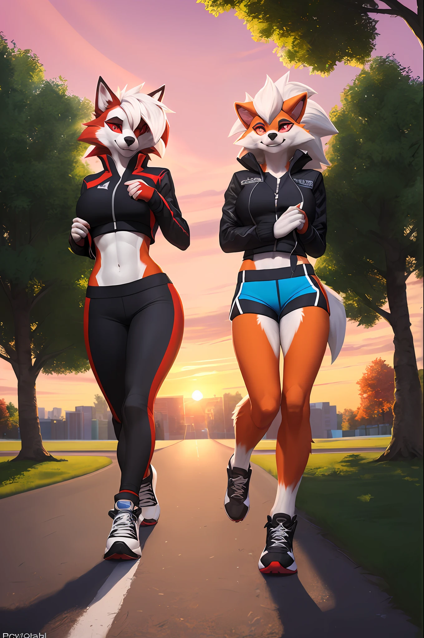 [pokemon; lycanroc midnight, lycanroc dusk], [Uploaded to e621.net; (Foxovh), (Pixelsketcher), (mayosplash)], ((masterpiece)), ((duo portrait)), ((furry; 2 antrho wolf girls)), ((detailed fur)), ((raytracing)), ((detailed shading)), ((beautiful render art)), {((anthro pokemon; [LEFT: lycanroc midnight; red fur, white belly), (bright red eyes; white sclera), (long white spiky hair; spiky bang), seductive gaze; (bedroom eyes, smug grin), large boobs, (black yoga pants), (black zip-up jacket; fabric, unzipped, white sports bra), white sneakers, athletic body], [RIGHT: lycanroc dusk; orange fur, white belly), (green eyes; white sclera), (long brown spiky hair; spiky bang) happy smile; (large boobs, (white yoga shorts), (black sports bra), (black sneakers, athletic body]))}, (jogging on sidewalk, attractive bodies), [background; (park; trees, (sunset; sun rays through trees, orange and pink sky))]