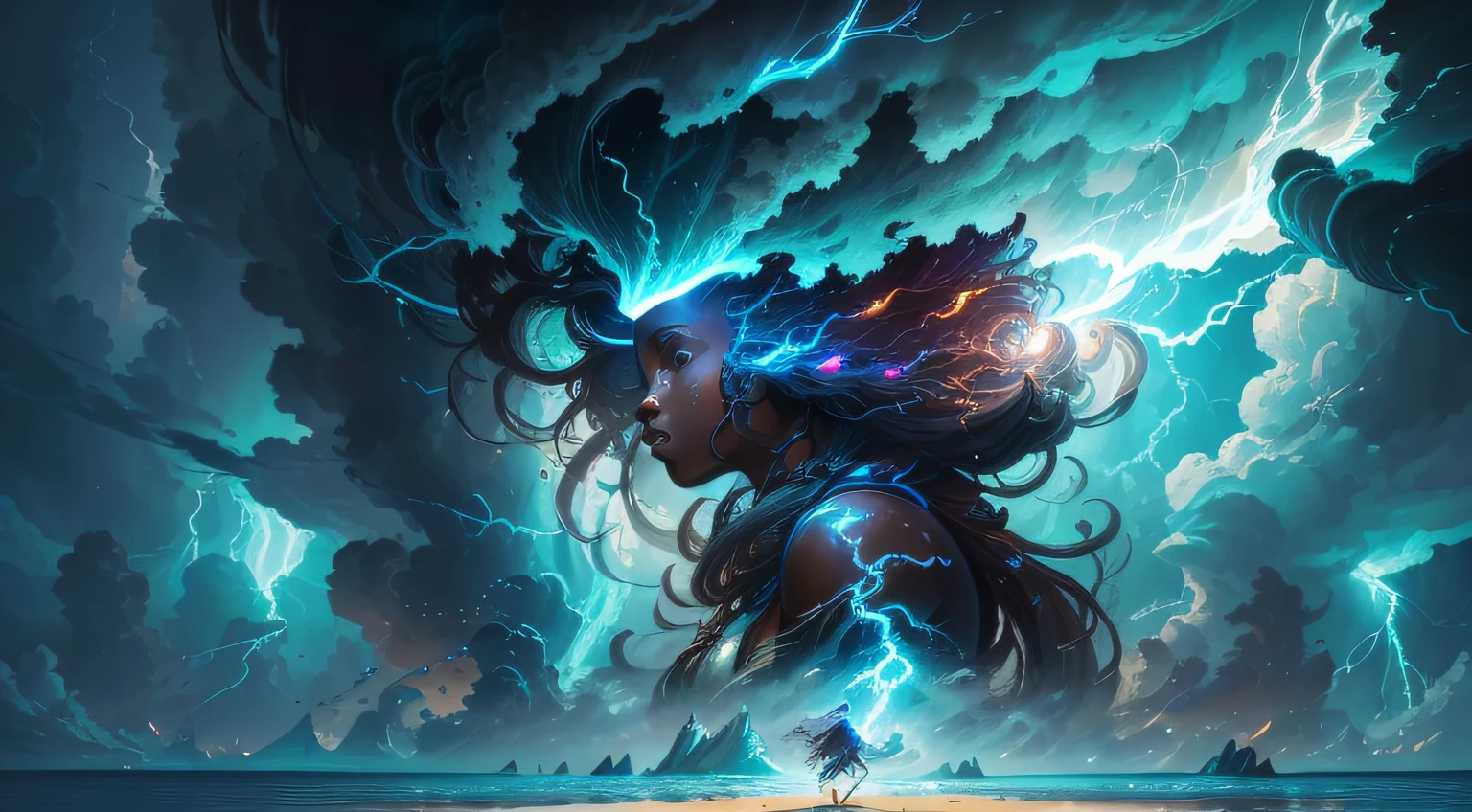 (high-quality concept art, best illustration, ultra-detailed CG unity 8k wallpaper) Of a woman with dark skin and strong features, playing with lightning in the middle of the ocean, divine entity of the sea and lightning